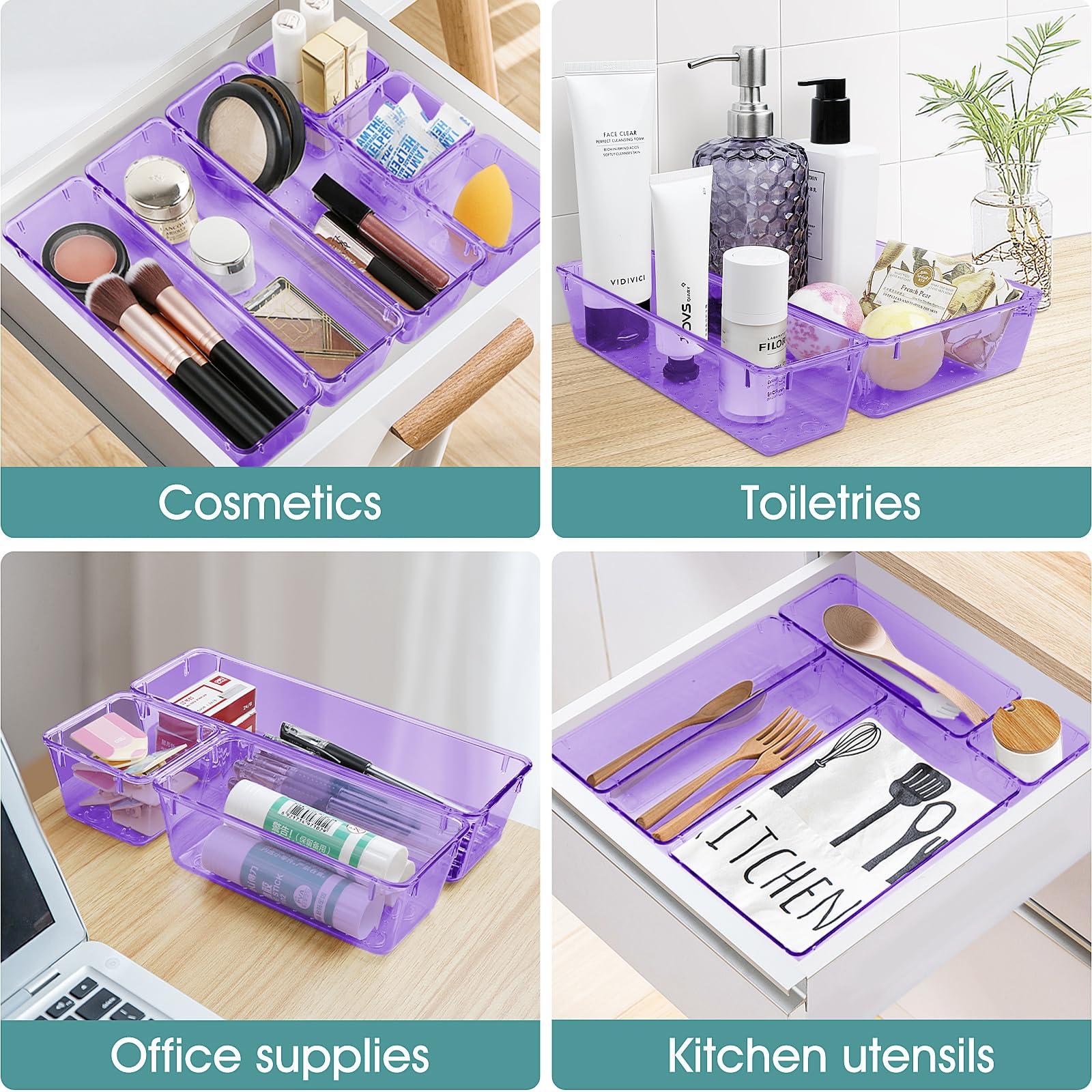 WOWBOX 25 PCS Plastic Drawer Organizer Set, Desk Drawer Divider Organizers and Storage Bins for Makeup, Jewelry, Gadgets for Kitchen, Bedroom, Bathroom, Office, Clear Purple - Image 6