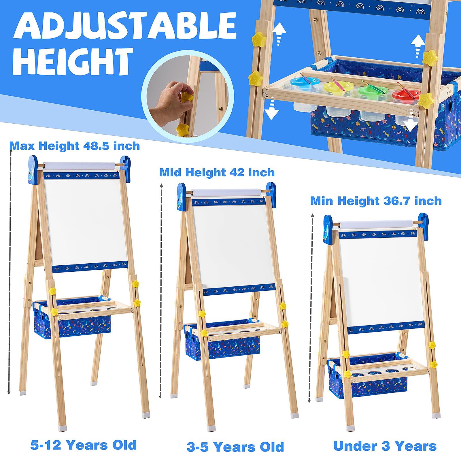 Art Easel for Kids Easels for Toddlers, Double-Sided Adjustable Magnetic Chalkboard Whiteboard, Wooden Painting Easel with Paper Roll, Foldable Standing Drawing Easel for Toddlers Boys Girls Ages 3-12 - Image 4