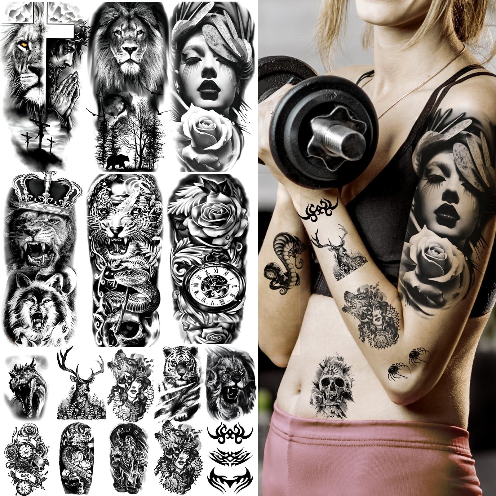 JEEFONNA 72 Sheets Temporary Tattoo for Men Women Adults, Include 12 Sheets Black 3D Half Sleeve Temporary Tattoos, Halloween Tattoos Scary Lion Wolf Tiger Skull Skeleton Tattoos Stickers - Image 3