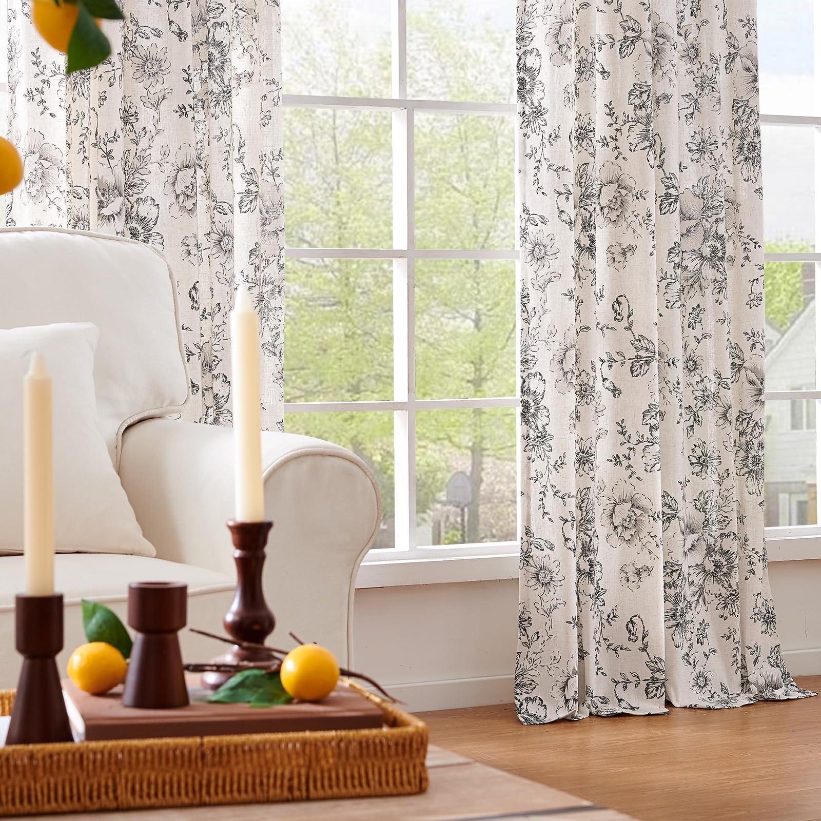 jinchan Linen Blend Curtain Floral Curtains for Living Room 84 Inch Length Black Printed Curtains Rod Pocket Back Tab Farmhouse Peony Flower Patterned Drapes Bedroom Window Curtain Set 2 Panels - Image 8