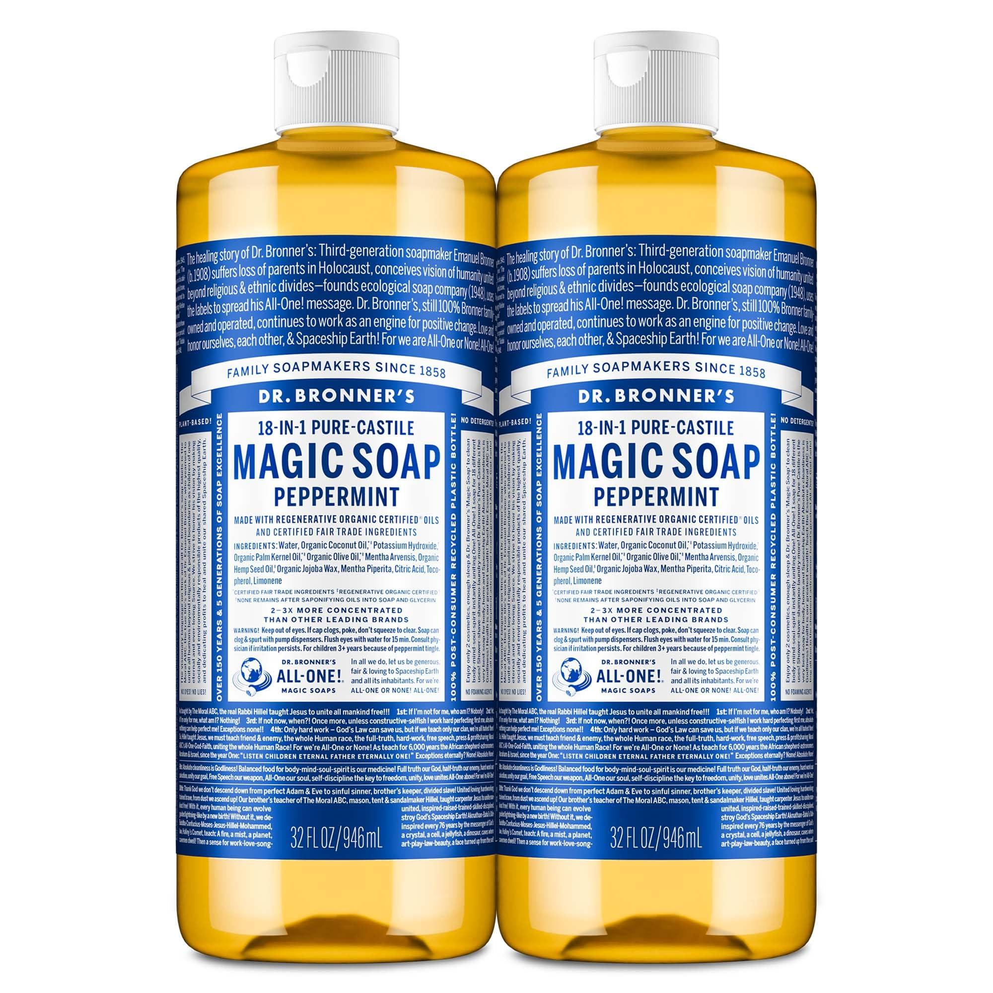 Dr. Bronner's Pure-Castile Magic Liquid Soap- Made with Regenerative Organic Oils- For Body, Face, Hair, Dishes, Pets, Laundry Natural, Vegan, Non-GMO - Peppermint, 32 oz (2-Pack)