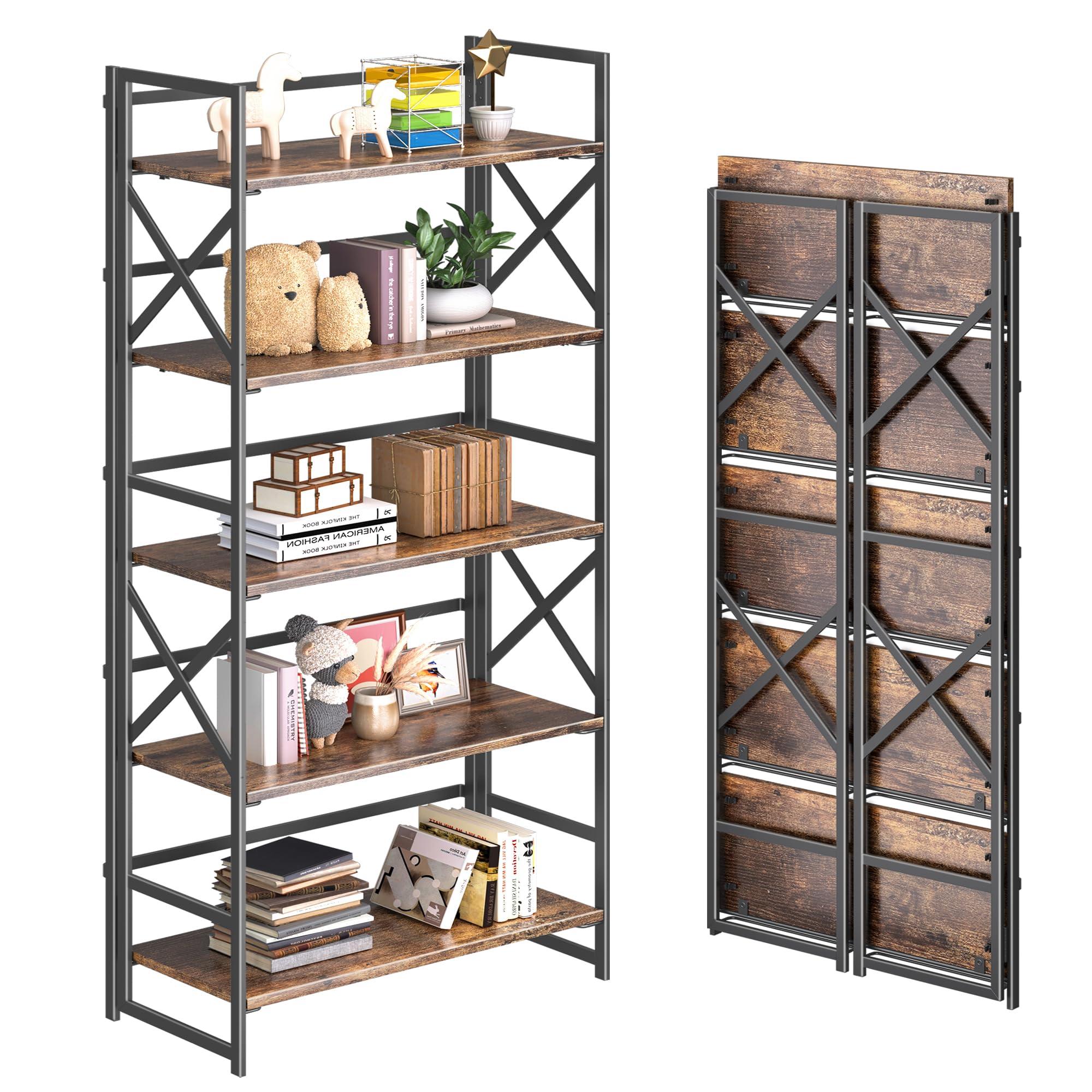 4NM 5 Tiers No Assembly Book Shelves, Black Folding Bookshelf Bookcase Open Industrial Foldable Shelves for Bedroom, Living Room, Home Office - Rustic Brown Black