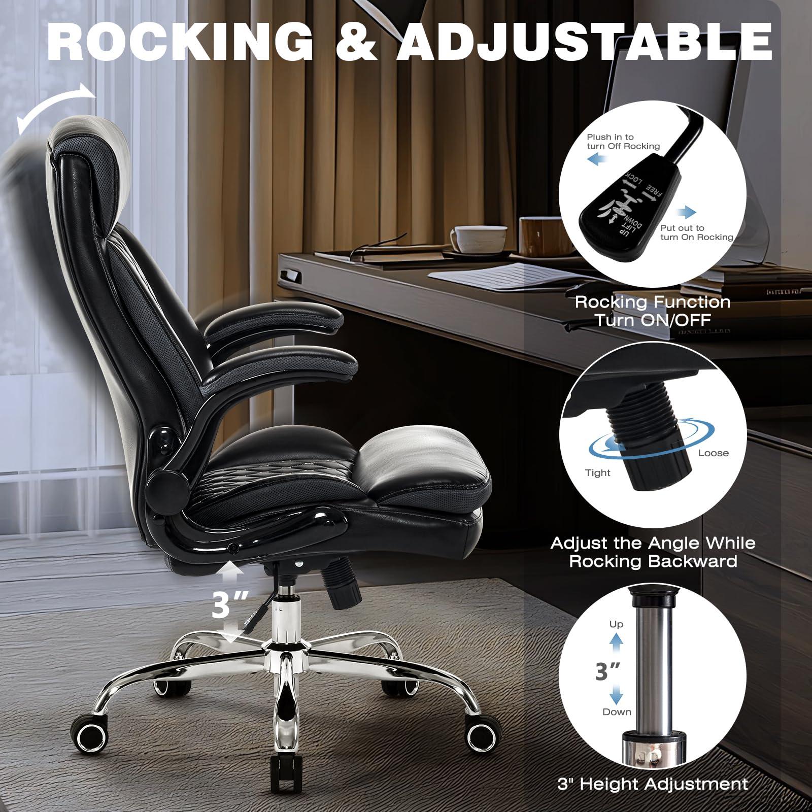 Executive Office Chair, Ergonomic Leather Office Chairs with Lumbar Support Flip-up Arms, Swivel Rolling High Back Comfy Computer Desk Chair for Home Office Furniture Conference Room, Black - Image 7