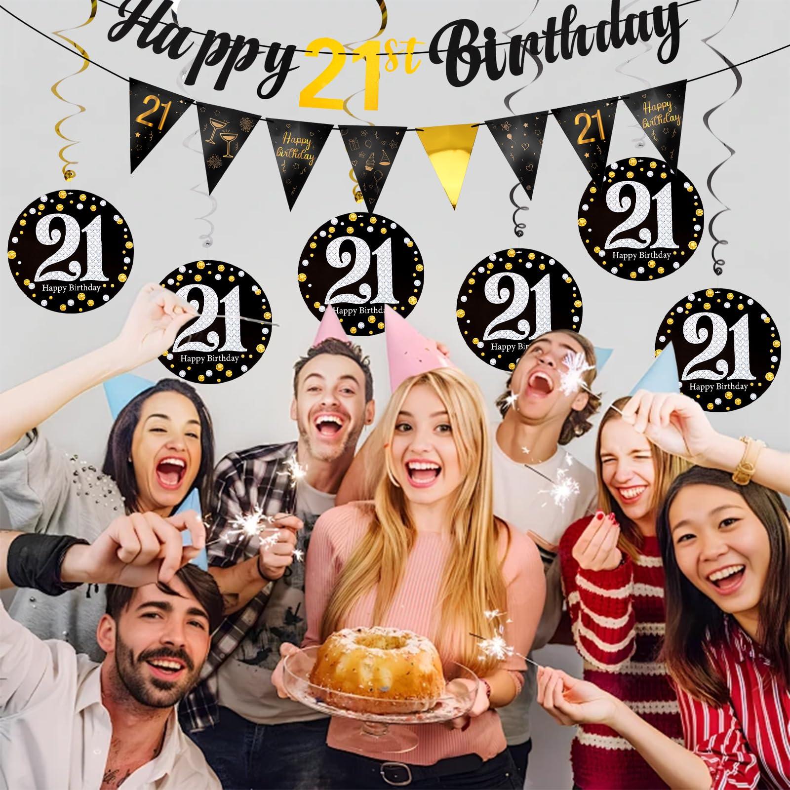 Hapdoo 21st Birthday Decorations Set - 21st Birthday Decorations Men Happy 21 Banner Triangle Flag Hanging Swirls Streamers for Women Men Party Supplies, Black and Gold - Image 2