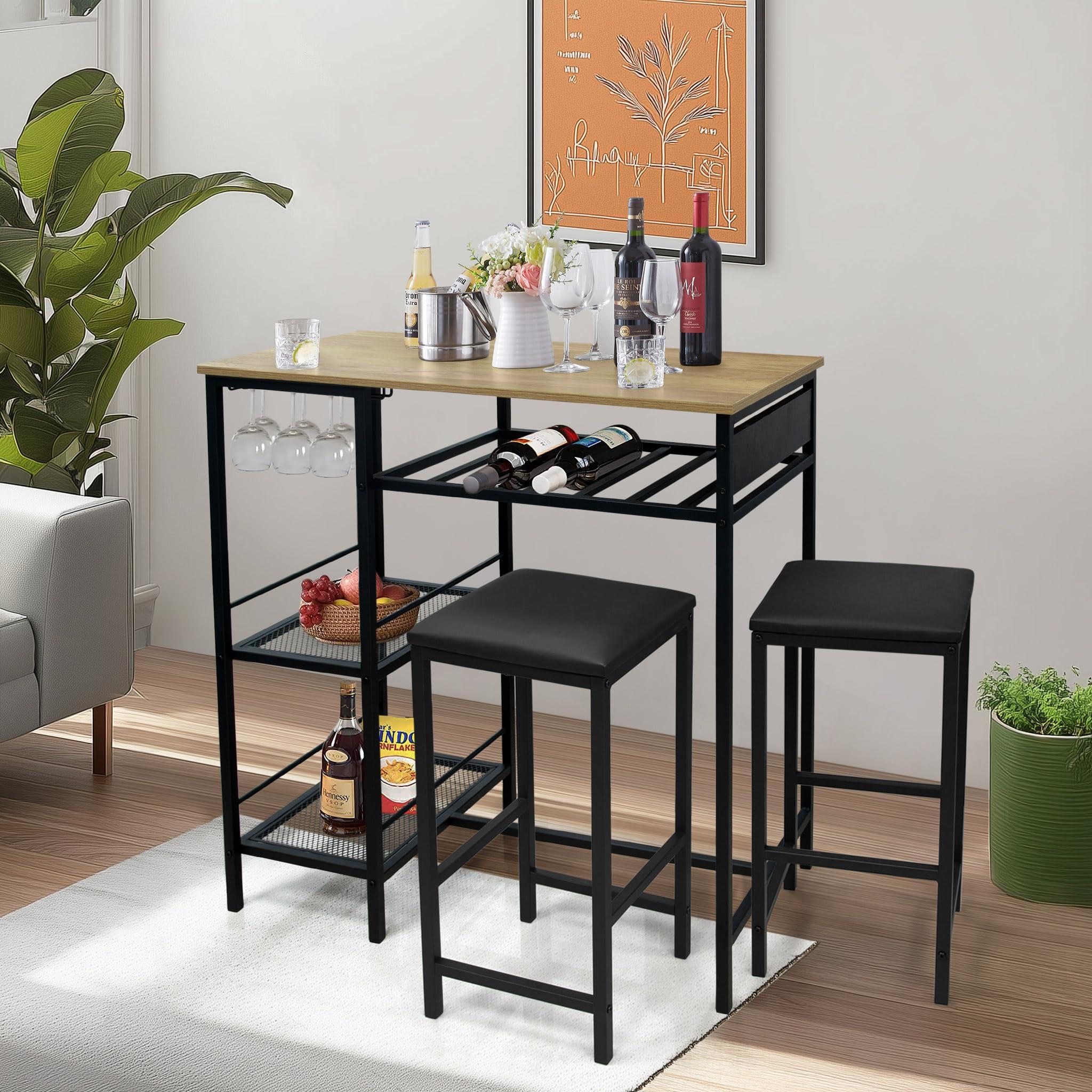 Ghouse Bar Table and Chairs Set of 2 with Storage Rack 4 Rows of Wine Glass Hanging Holder Pub Table with 2-Tier Storage Shelves for Apartment Living Room Dining Room Natural Oak 36.7 Inches Height - Image 5