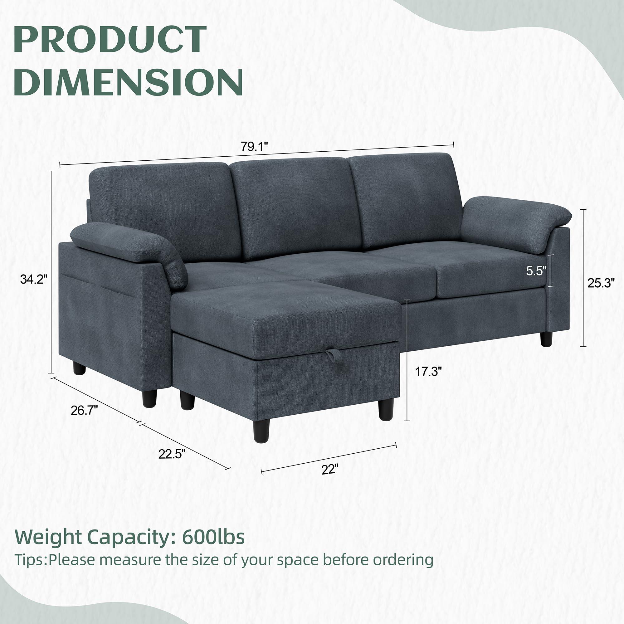 Vongrasig 79" Convertible Sectional Couch Sofa with Storage Ottoman, 3 Seat L Shaped Couch with Side Storage Pockage, Linen Fabric Small Couches for Living Room, Apartment and Small Space, Gre - Image 2