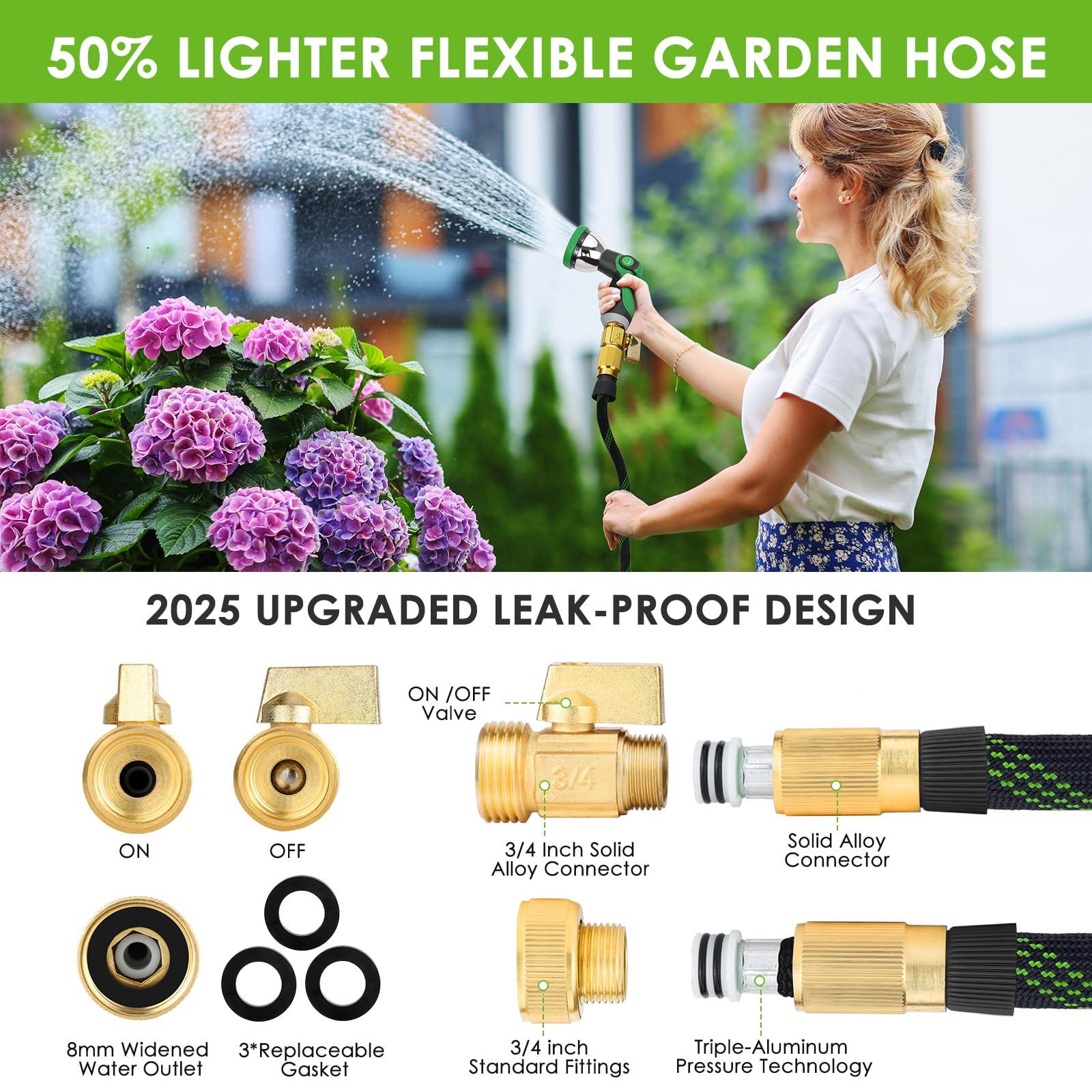 FlexiSolve Garden Hose 100 ft, NON-EXPANDABLE Ultra Lightweight & Flexible Water Hose With 10-Pattern Spray Nozzle, Kink-Resistant, Leak-Proof, 3750D High-Density Fabric & Shut-Off Valve, Hose Straps - Image 3