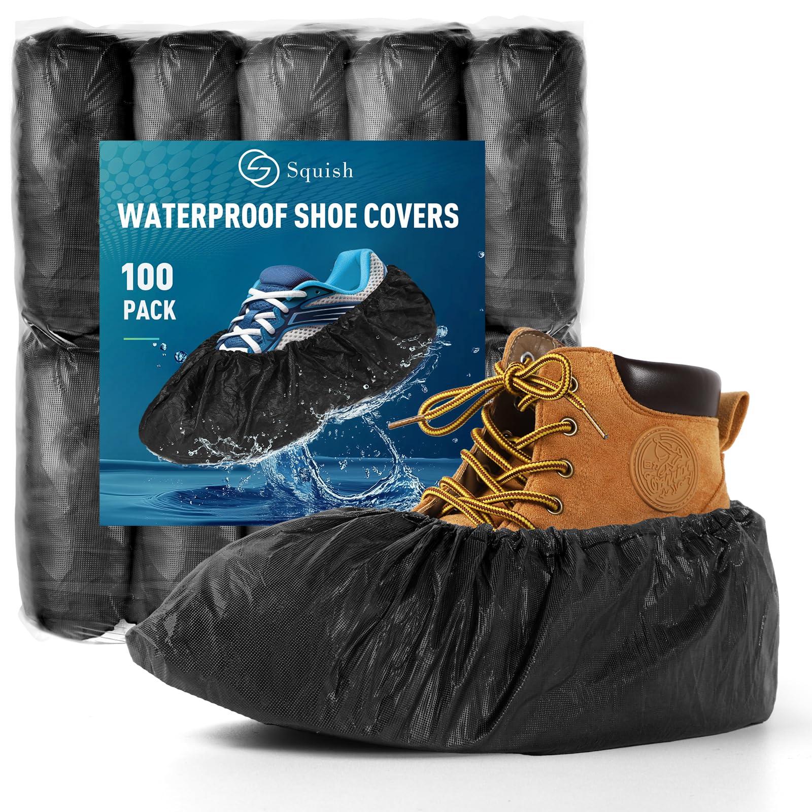 squish Shoe Covers Disposable Non-Slip, 100 Pack 6g Thick Booties Cover, Waterproof Slip Resistant Disposable Shoe Covers Durable Protector Covers for Indoors and Outdoors Fit Up to 13 Size (Black)