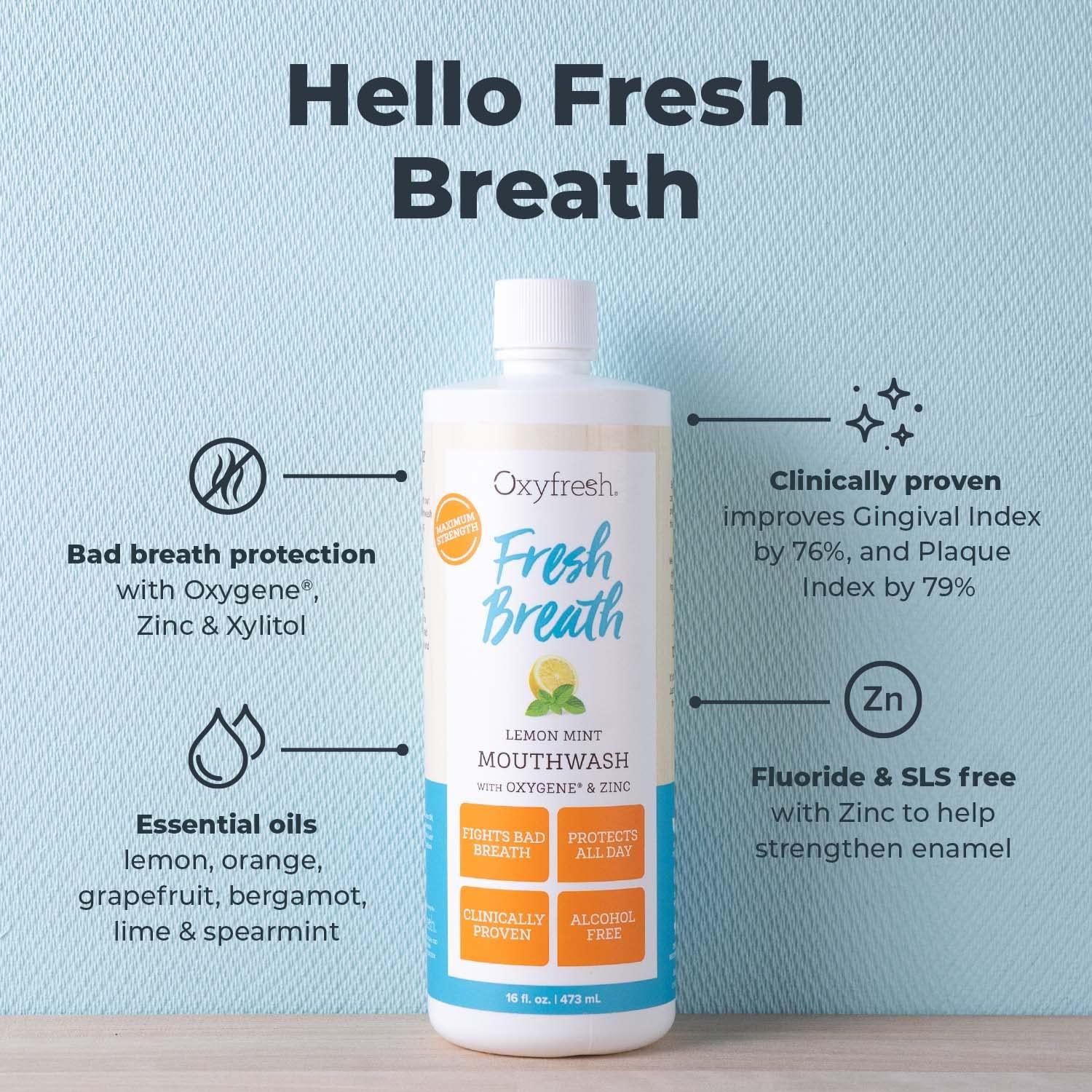 Oxyfresh Premium Lemon Mint Fresh Breath Mouthwash – Oral Rinse for Bad Breath – SLS & Fluoride Free Mouthrinse – Alcohol Free, Gentle Non Burning Mouthwash with Xylitol & Essential Oils, 16 oz - Image 2
