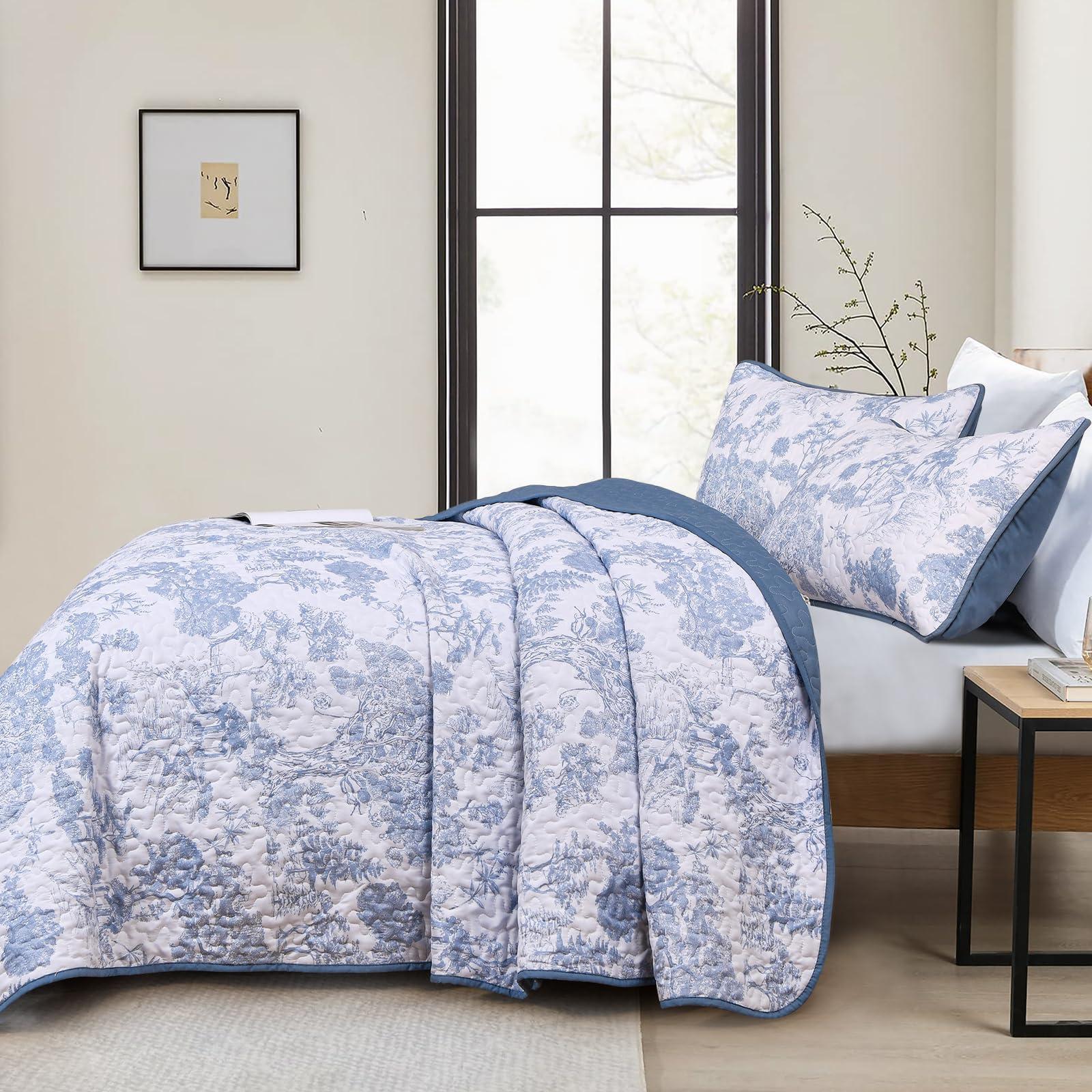 WONGS BEDDING Blue Quilt Set King Size, 3 Pieces Botanical Bedspreads Set Lightweight Microfiber Blue Toile Plants Pattern Coverlet Home Decor for All Seasons(104"×90") - Image 3