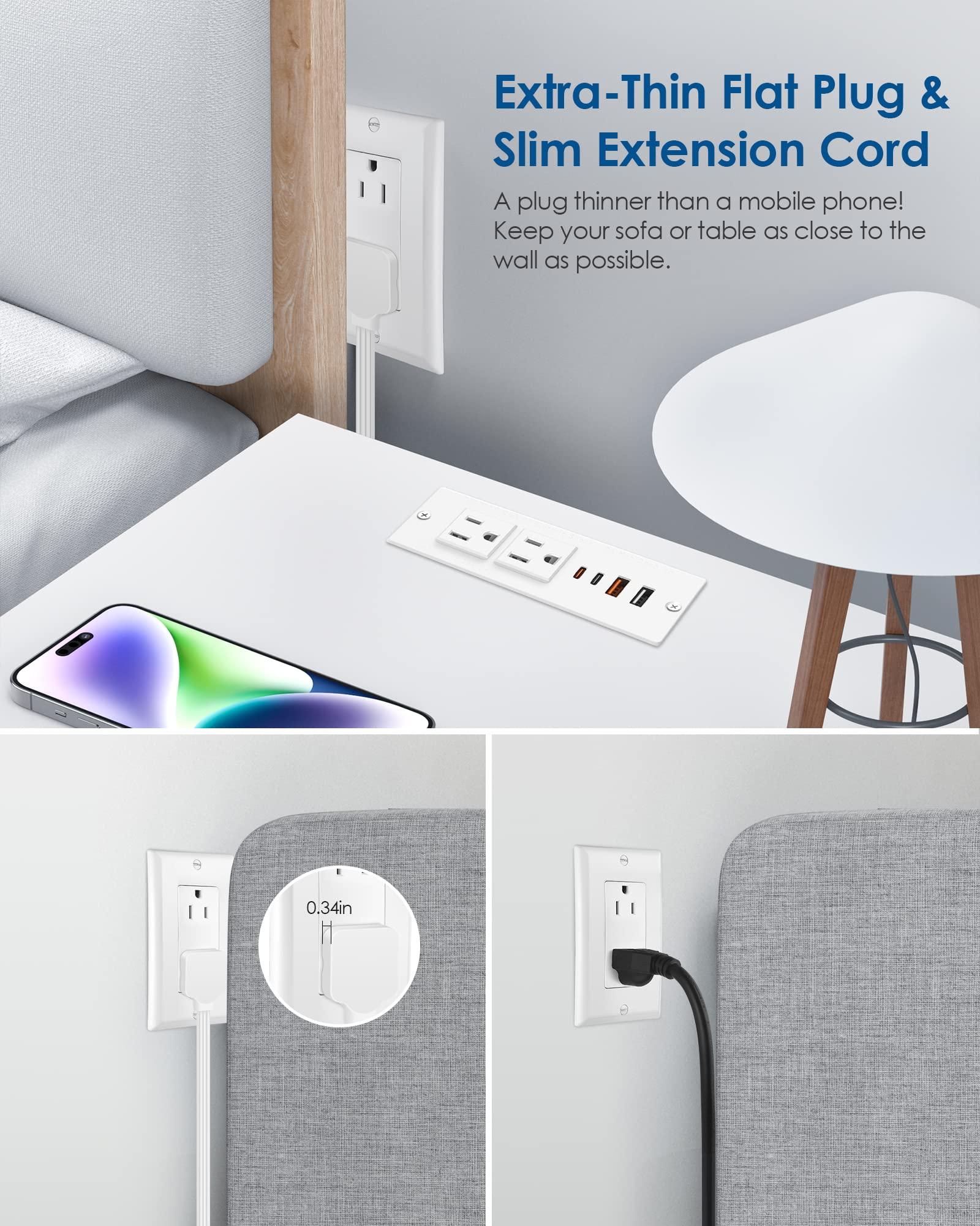 Recessed Power Strip with 30W USB C,Ultra Thin Flat Plug Power Strip,2 Outlets 4 USB Ports,Furniture Flush Mount Desk Outlet,Recessed Outlet for Side Table/Sofa Table,6ft Cord (White) - Image 2