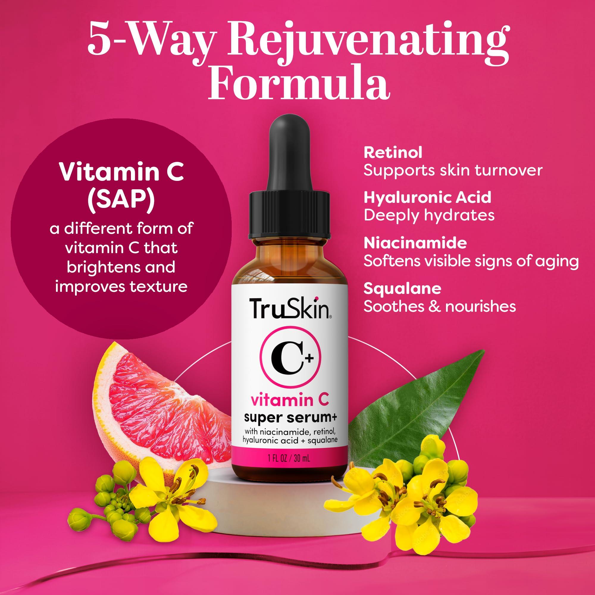 TruSkin Vitamin C Super Serum - Niacinamide, Retinol, Hyaluronic & Salicylic Acid - All-in-One Anti Aging Serum for Face – Improve Appearance of Dark Spots, Firmness for Brighter Looking Skin, 1 Fl Oz - Image 3