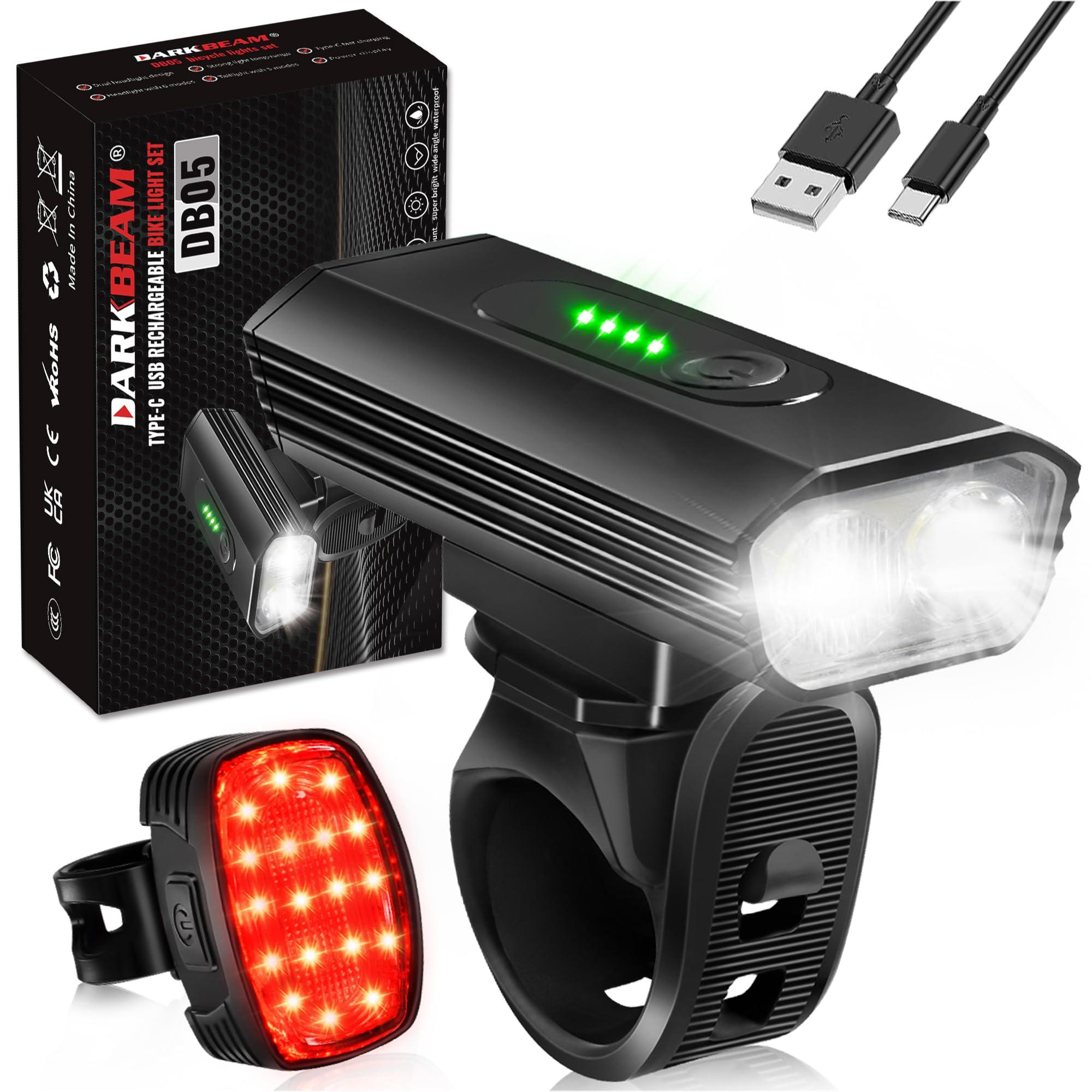 DARKBEAM Bike Headlight Rechargeable USB-C, Bicycle Lights 4000LM Ultra Bright, Mountain Bike Light Set for Night Riding, 6+5 Mode Waterproof Front Bike Light & Rear Light for Road, Cycling