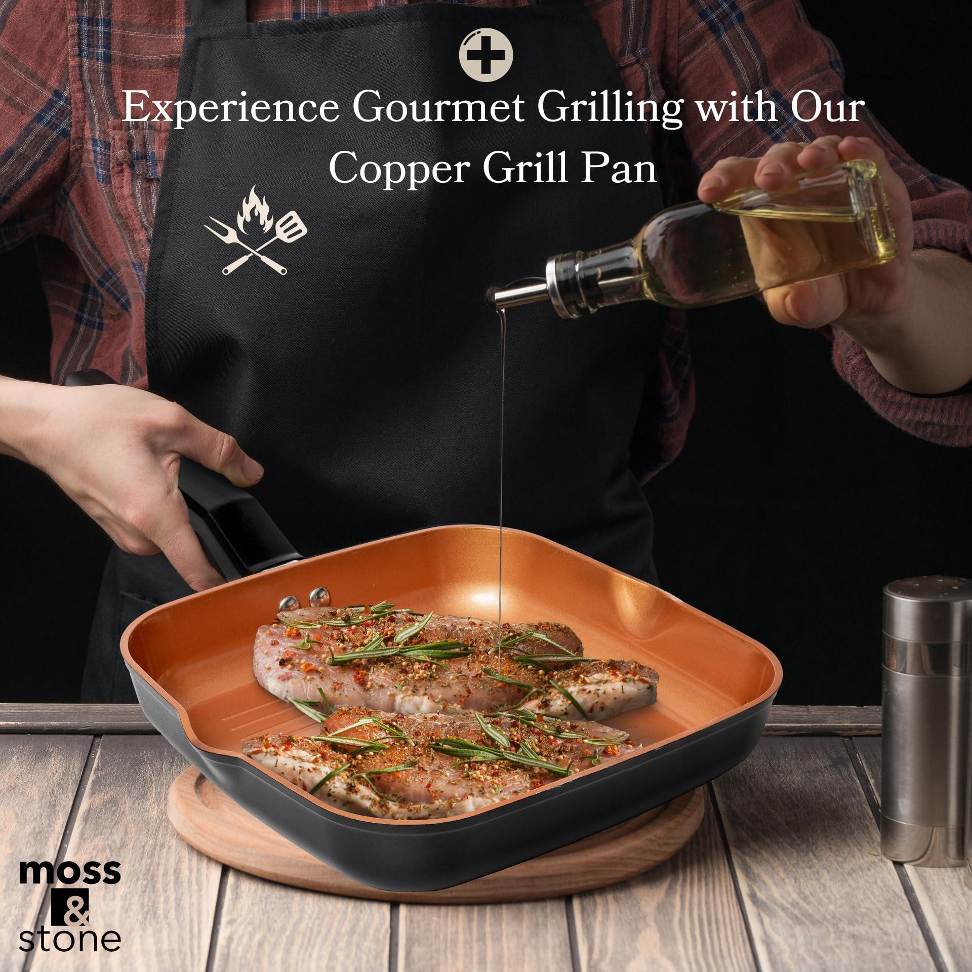 Moss & Stone Square Grill Pan For Indoor Cooking, 9.5In Frying Pan Copper Non-Stick Saute Fry Pan, Induction Copper Pan for Meats & Vegetables, Aluminum Griddle Nonstick Stove Top Grill Pan - Image 7