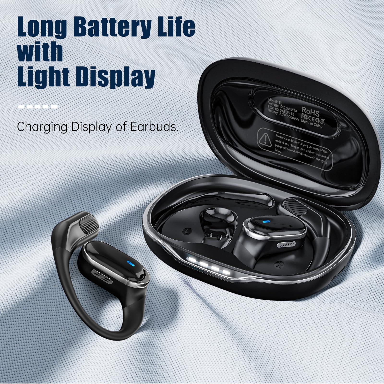 TRAUSI Open Ear Bluetooth Earbuds Wireless Headphones, 50Hrs Playtime Stereo Sound Earphones with IPX7 Waterproof Ear Buds, Ideal for Fitness, Travel - Black - Image 4