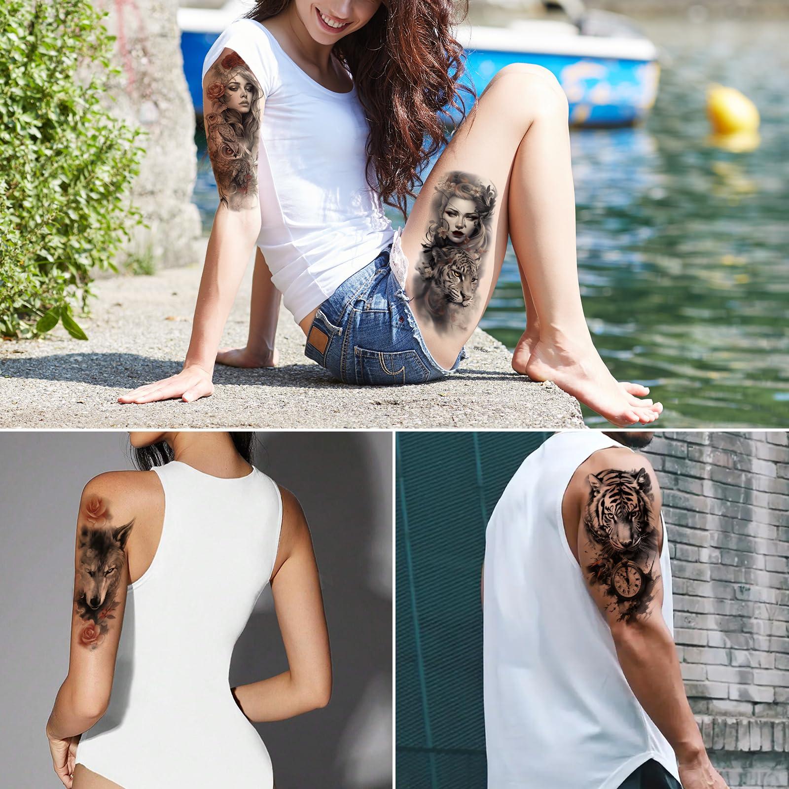 Aivoch Aivoch 10 Sheets Realistic Animals Temporary Tattoo for Men Women Adults, Wolf Tiger Rose Tattoos Stickers, Flowers Fake Tattoo Stickers, Body Art Half Arm Sleeve Tattoos (Animals) - Image 3