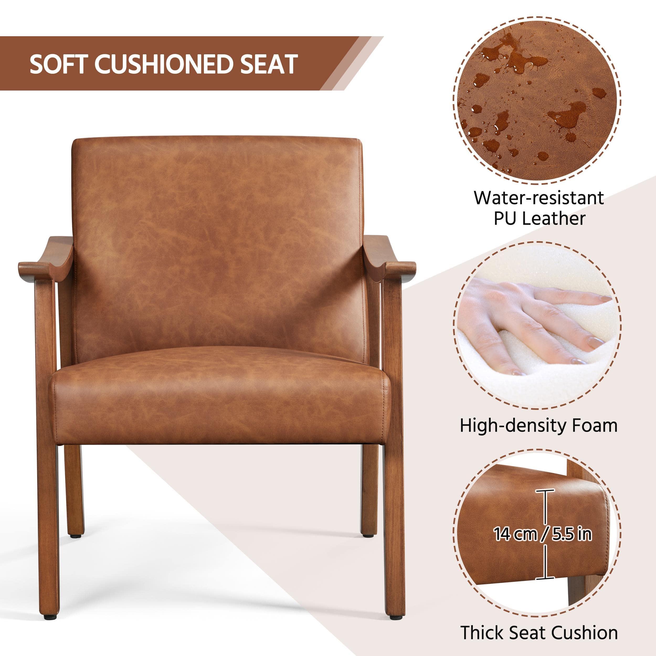 Yaheetech PU Leather Accent Chair, Mid-Century Modern Armchair with Solid Wood Legs, Reading Leisure Chair for Living Room Bedroom Waiting Room, Light Brown, Set of 2 - Image 9