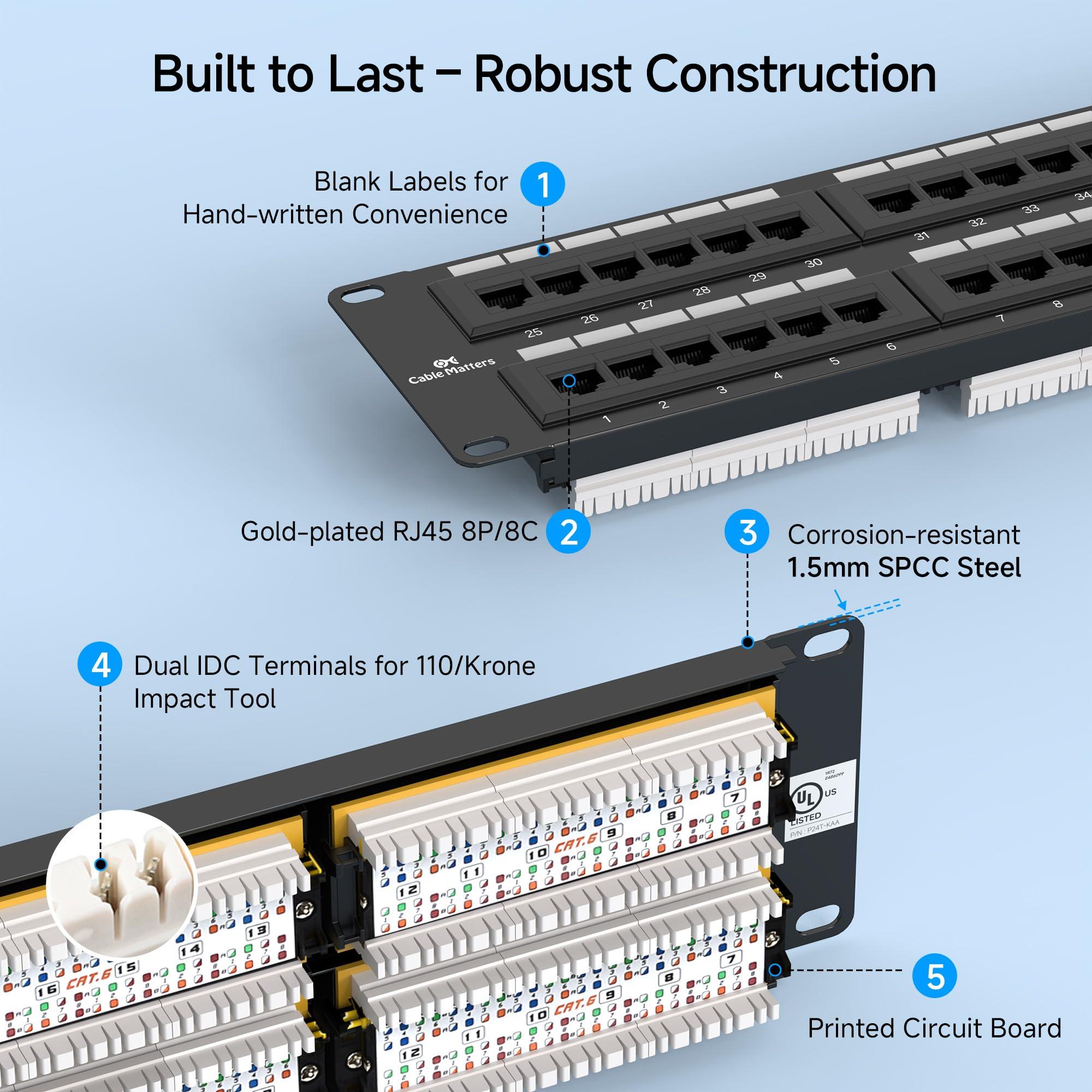 Cable Matters [UL Listed] 48 Port Patch Panel Rackmount or Wall Mount 19-Inch, 2U Cat6 Network Patch Panel for 10 Gigabit Ethernet, 110 or Krone Impact Tools Compatible - Image 6