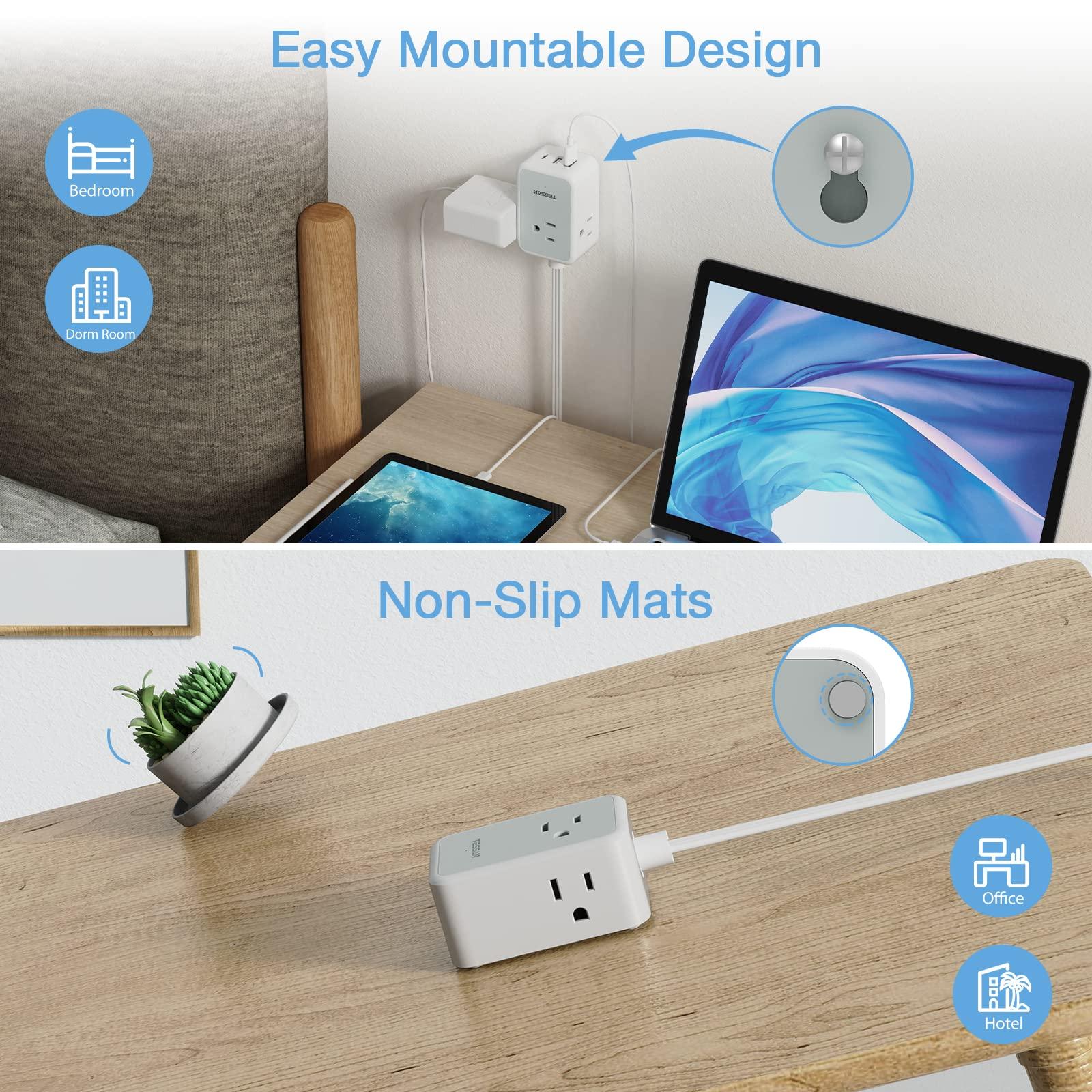 Small Flat Plug Power Strip, TESSAN Ultra Thin Extension Cord with 3 USB Wall Charger (1 USB C), 3 Outlets Mini Charging Station, 5 ft Slim Plug for Cruise Travel Office School Dorm Room Essentials - Image 6