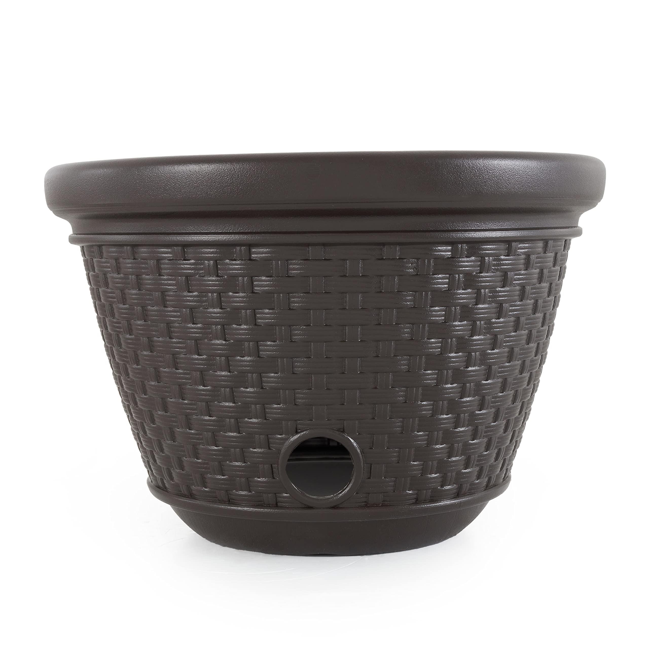 Suncast Decorative Wicker Garden Hose Holder Pot with 4 Drain Holes for 100 Foot Hoses, Java - Image 6