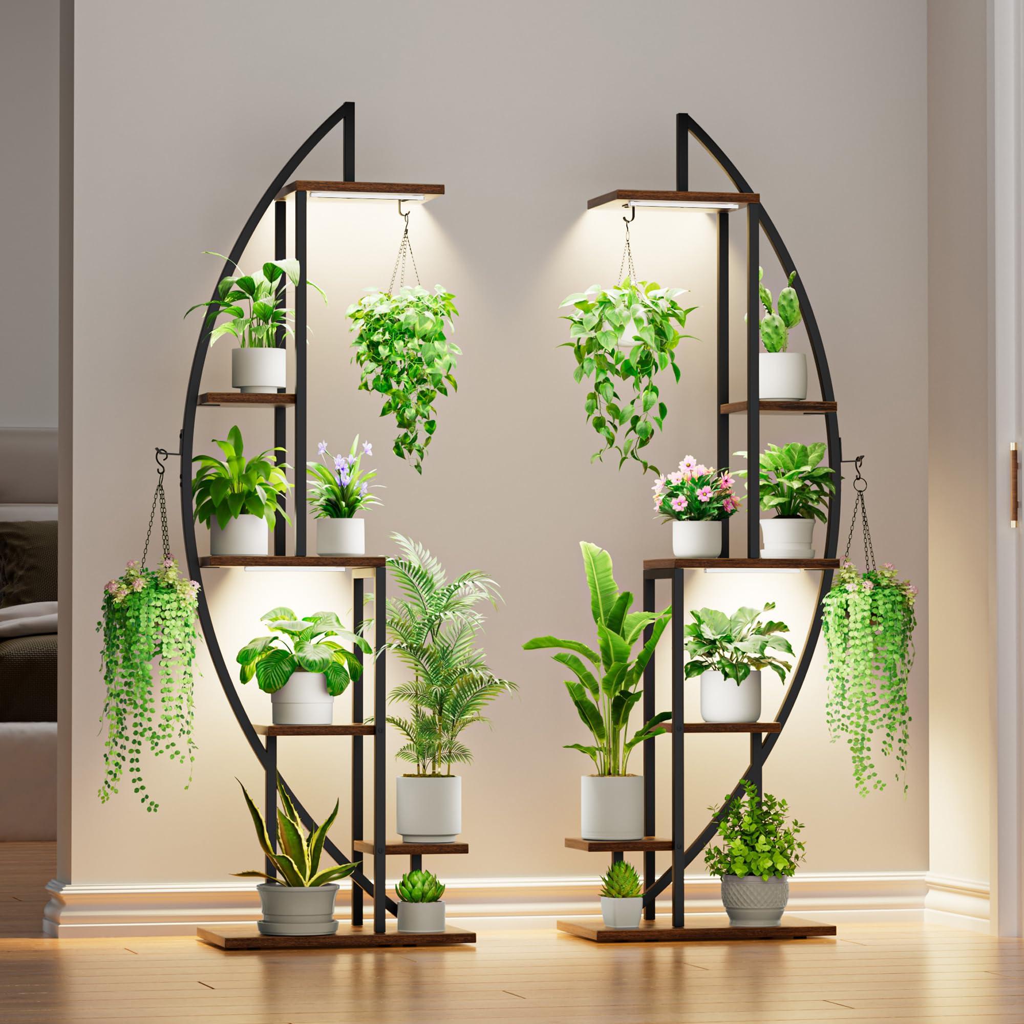 BACEKOLL Plant Stand Indoor with Grow Lights, 6 Tiered Tall Plant Shelf, 63" Metal Plant Stand for Indoor Plants Multiple, Half-Moon Plant Rack Display Shelf, 2 Pcs Plant Holder for Living Room, Patio