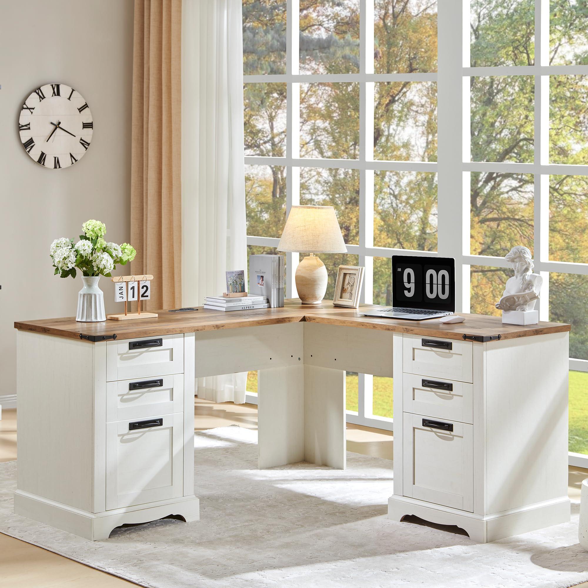 RedLemon 60" Farmhouse L Shaped Executive Desk with Drawers, Wood Home Office Corner Desk with Charging Station, File Drawer, Storage Cabinet, Rustic Computer Writing Desk (Antique White) - Image 6