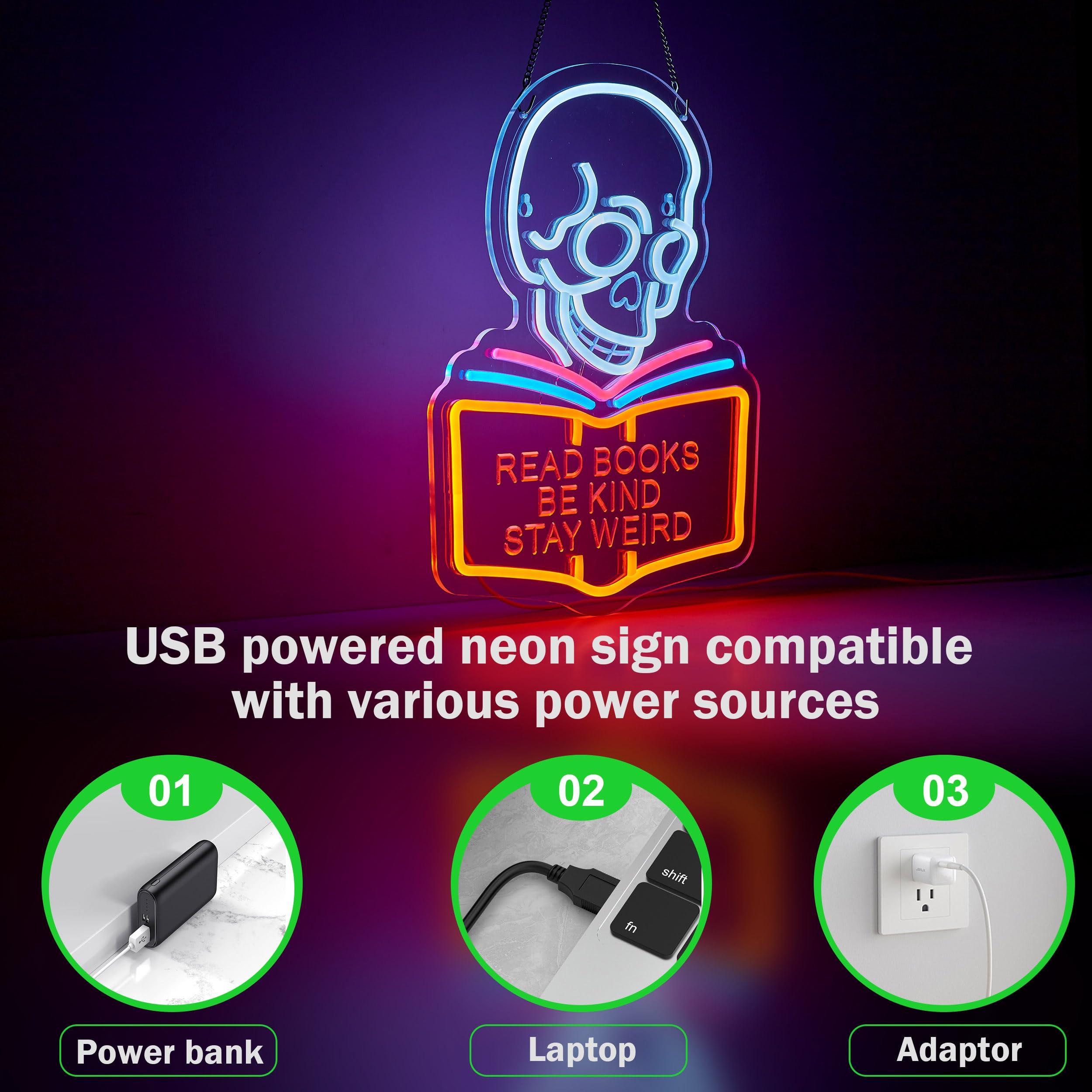 Read Books Be Kind Stay Weird Neon Sign for Wall Décor Dimmable LED Skull Neon Light USB Powered Neon Art Signs Decor - Image 5