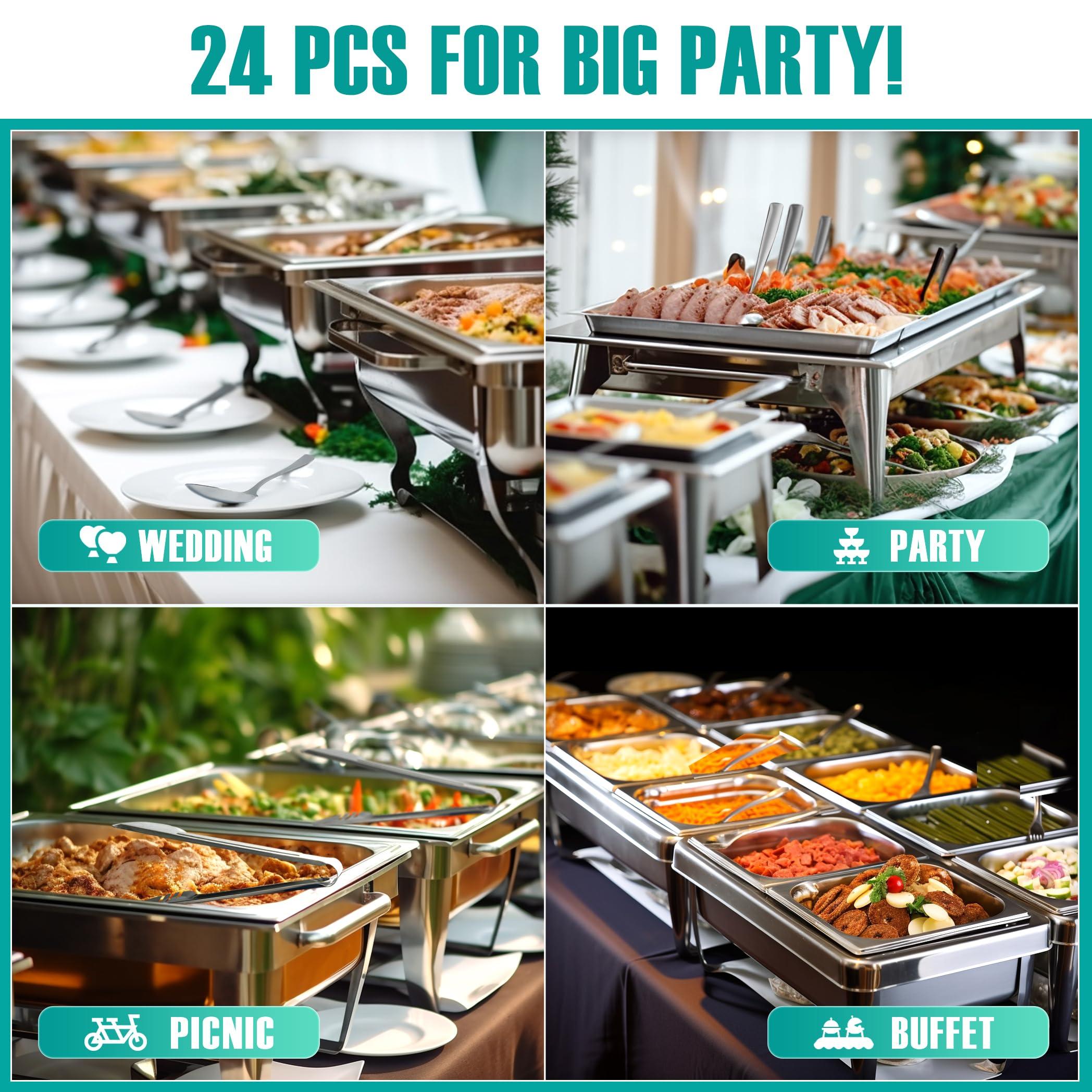 24 Pack Stainless Steel Large Serving Utensils Set - 10" Serving Spoons x 8, 10" Slotted Spoons x 8, and 9" Serving Tongs x 8 by Teivio, for Buffet, Chafing Dish, Catering Supplies (Silver) - Image 4