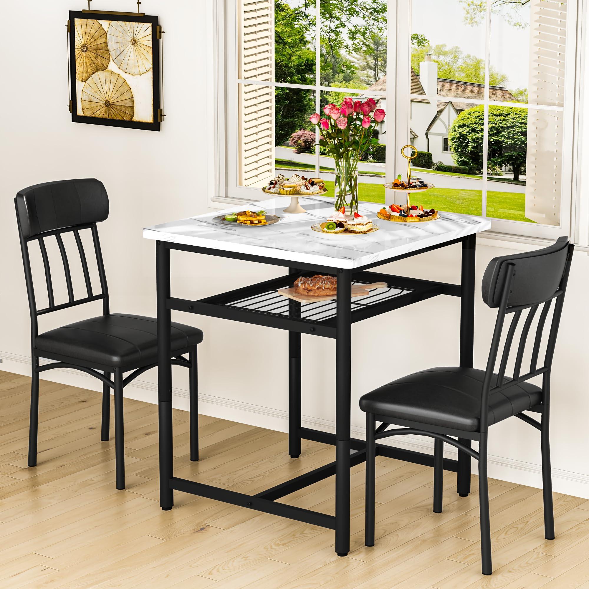 Lamerge 3-Piece Marble Table and Chairs Set, Kitchen Table and Leather Chairs for 2 People, Built-in Wine Rack for Small Space, Square Dinette Kitchen Table Set for Apartment, Studio, Home & Office - Image 8