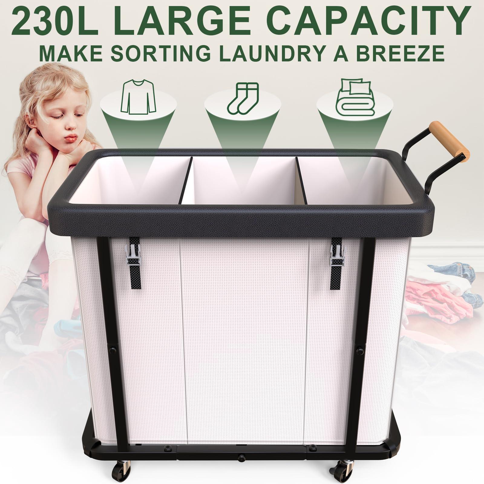 230L (60 Gal) Extra Large Fashion Laundry Sorter 3 Section with Lid, Rolling Laundry Basket Hamper with Handle, Laundry Organizer Storage Cart with Sturdy Metal Frame for Laundry Room, Hotel, White - Image 3