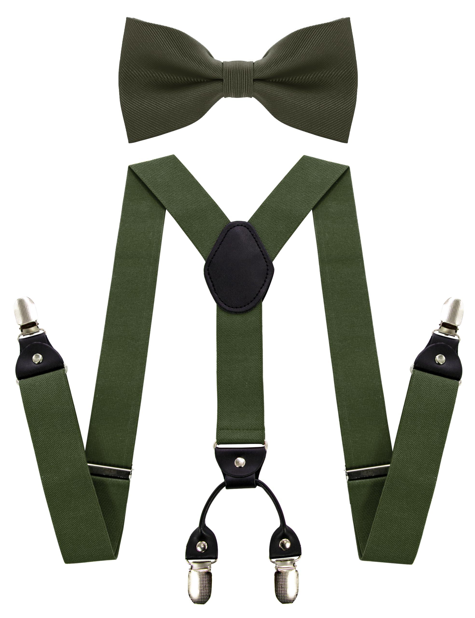 JEMYGINS Solid Color Suspender and Silk Bow Tie Sets for Men