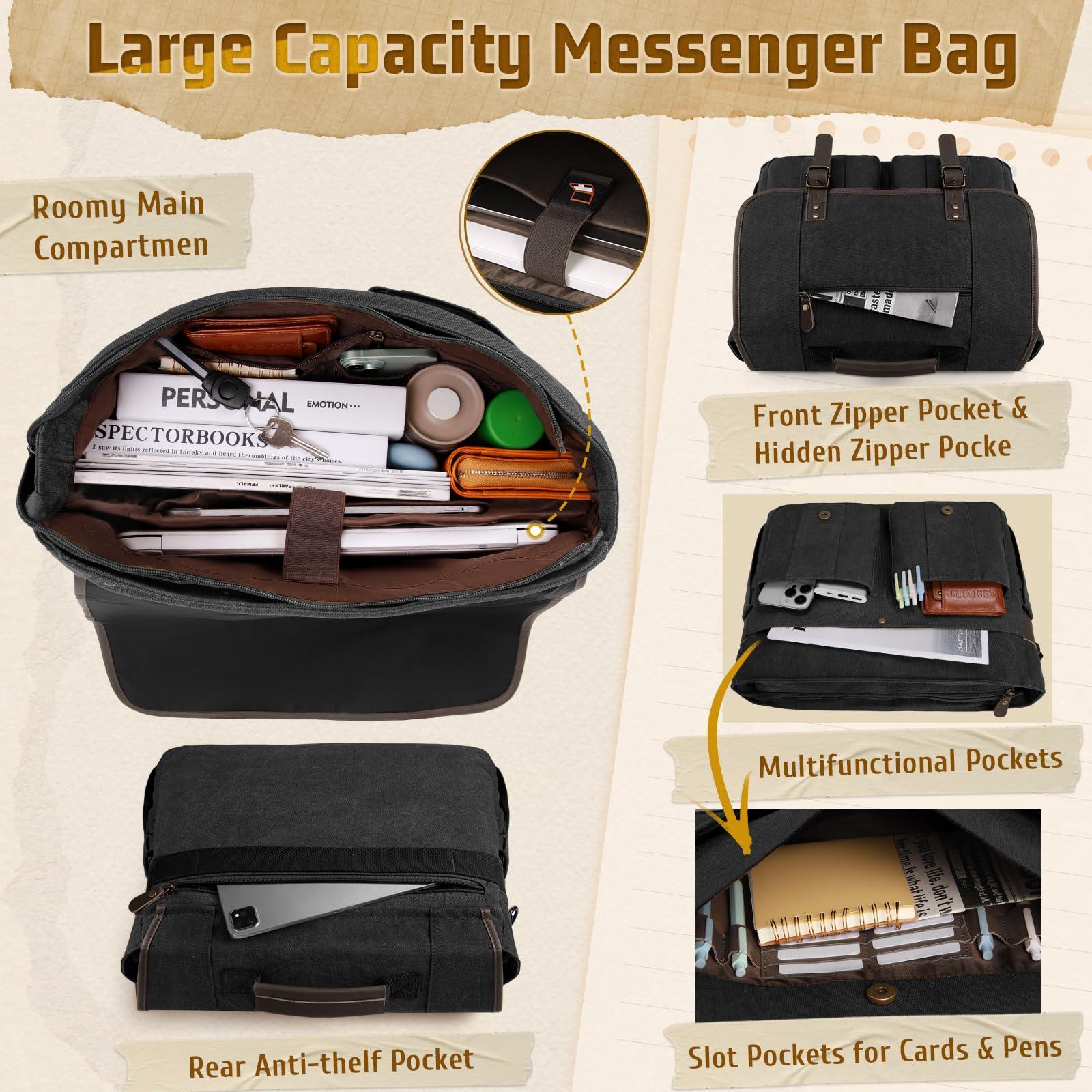 RAINSMORE Mens Messenger Bag 17-17.3 Inch Vintage Canvas Briefcase Water-resistant Large Computer Laptop Bag Rugged Satchel Shoulder Bag for Work Travel, Bookbag for College - Image 2