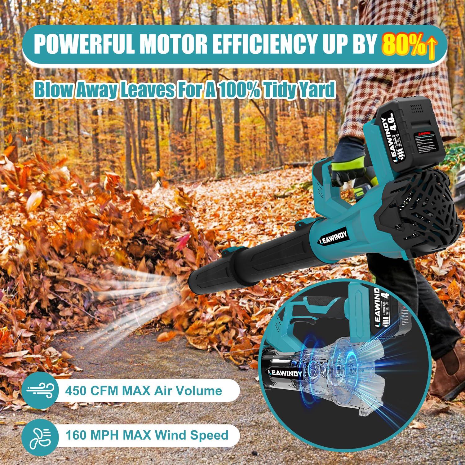 Leaf Blower Cordless, Electric Leaf Blower with 2 * 4.0Ah Batteries and Charger, 450 CFM/160 MPH Leaf Blowers & 6 Speed Levels, 21V Battery Lawn Blower for Patio Cleaning, Lawn Care, Blowing Leaves - Image 2