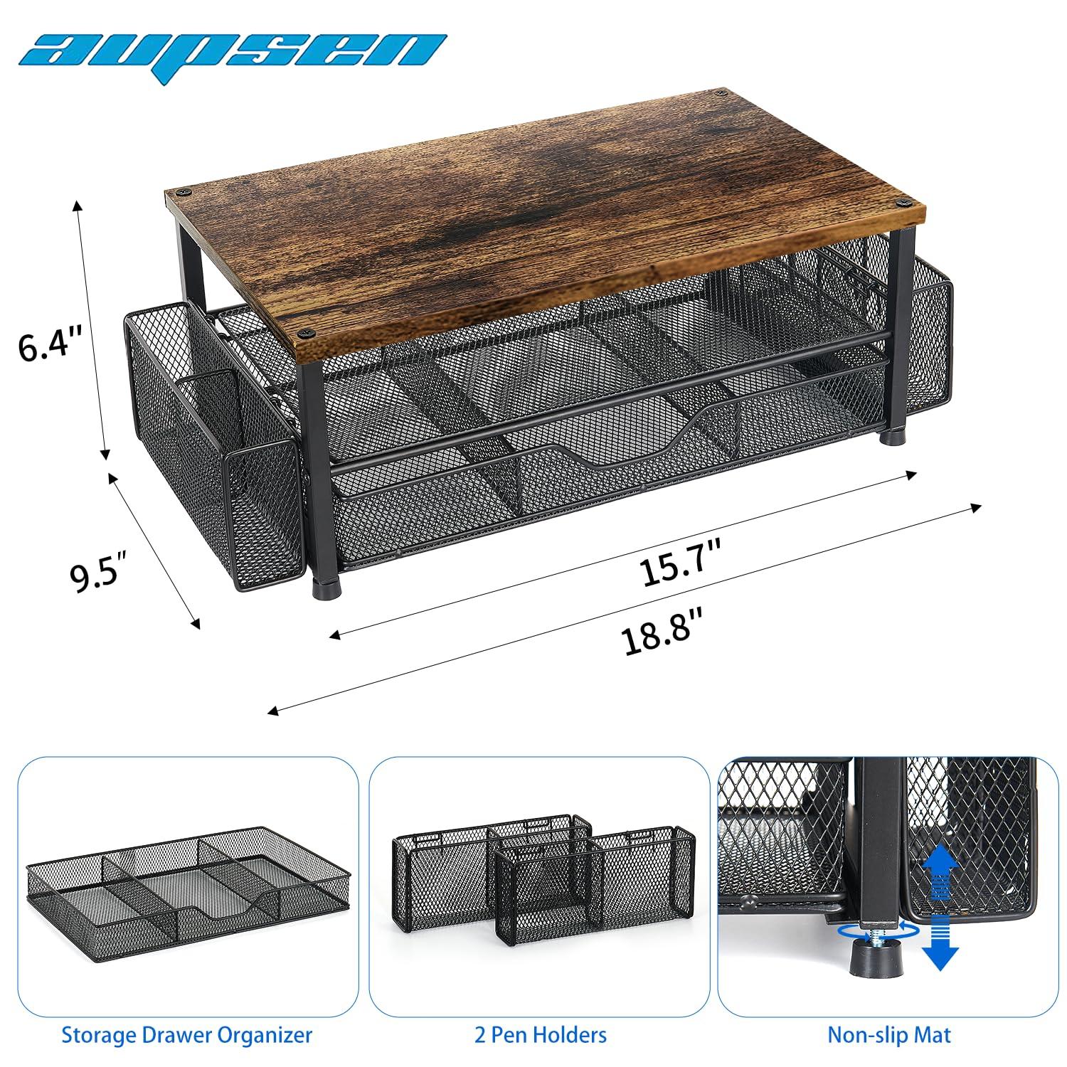 Wood Desk Organizers and Accessories, 2-Tier Computer Monitor Stand with Drawer, Pen Storage & Tablet Phone Holder, Office Desk Accessories, Workspace Desktop Organization for Office Supplies（Brown） - Image 2