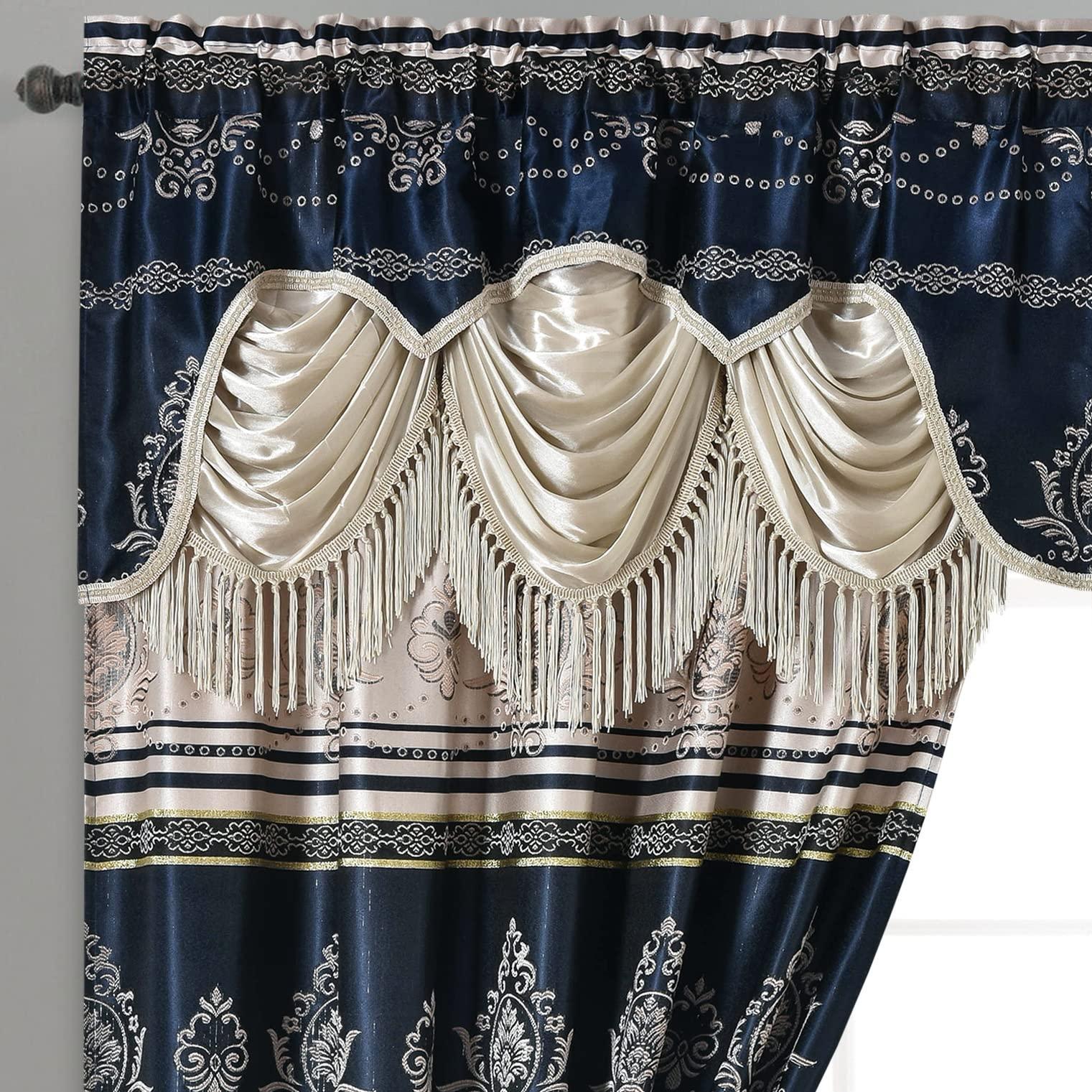 GOHD Harmony Horizon. Jacquard Farmhouse Window Curtain Panel Drape with Attached Fancy Valance. 2pcs Set. Each pc 54" Wide x 90" Drop with 18" Valance. (Navy Blue) - Image 3
