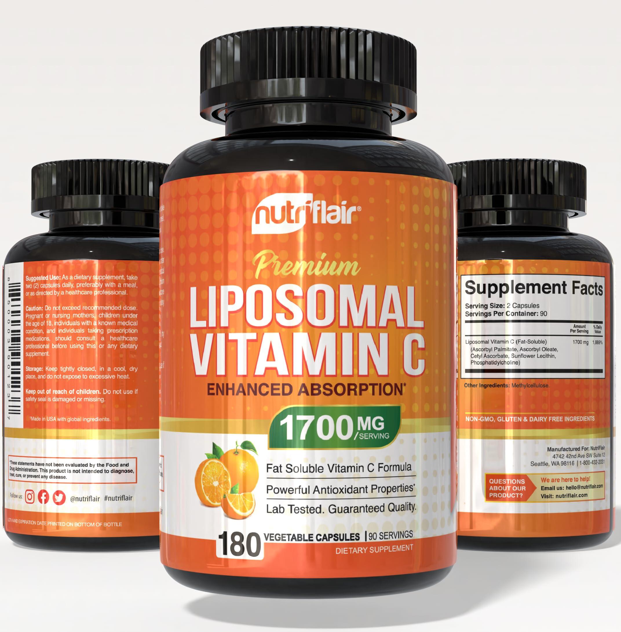 NutriFlair Liposomal Vitamin C 1600mg, 180 Capsules - High Absorption, Fat Soluble VIT C, Antioxidant Supplement, Higher Bioavailability Immune System Support & Collagen Booster, Non-GMO, Vegan Pills - Image 3