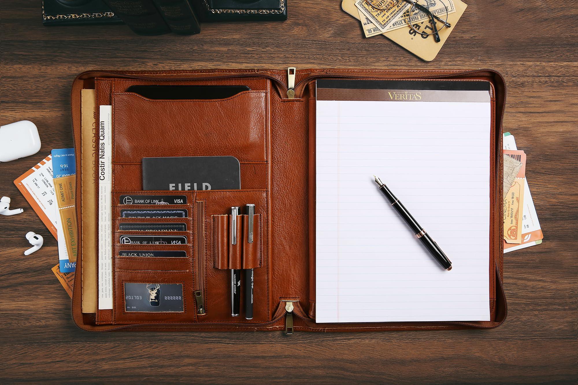 Handmade Genuine Leather Portfolio Organizer for IPad/Document, Business Padfolio with A4 Leather Notepad Holder, Leather Compact Folder Conference Portfolio for Men and Women, Oil-Brown - Image 7