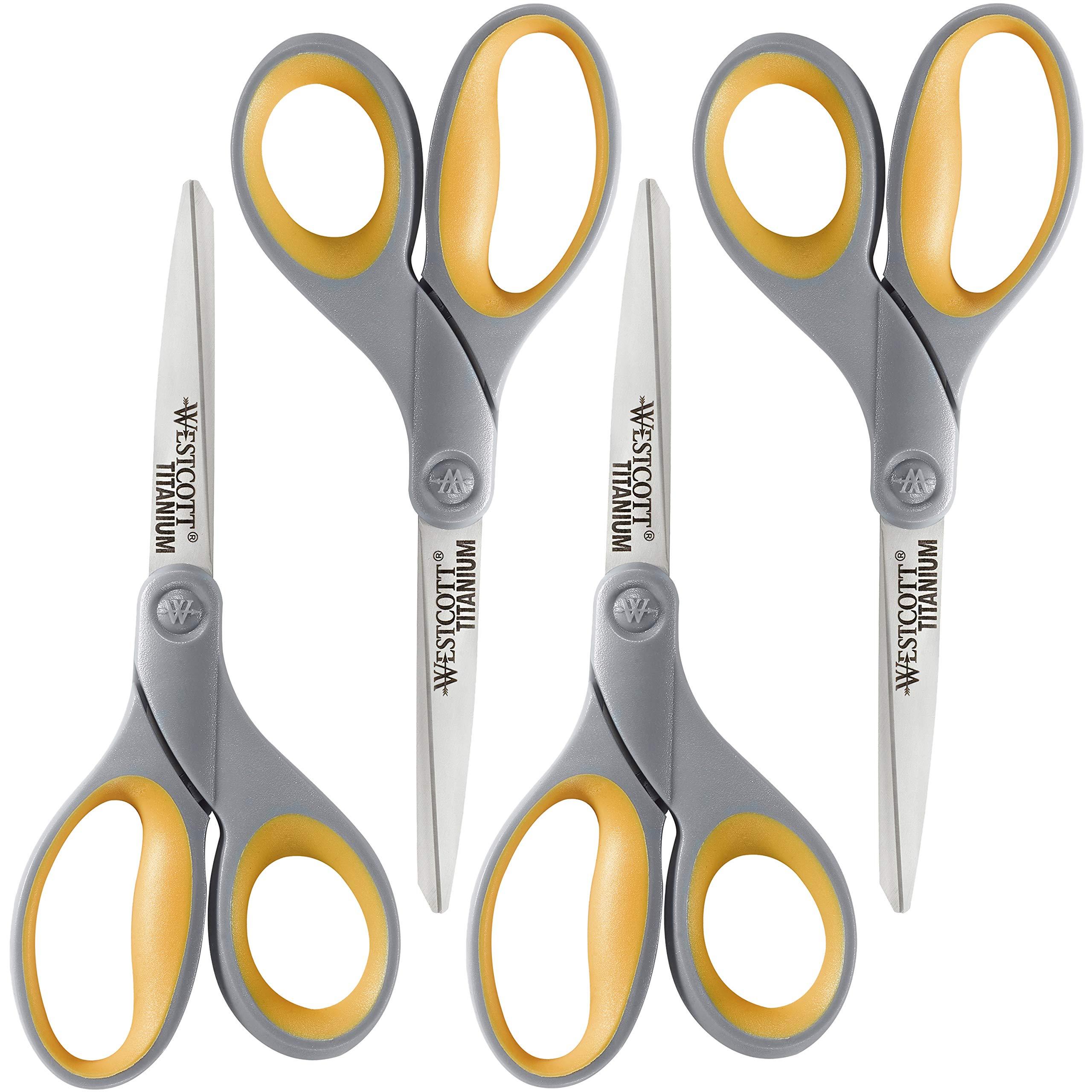 Westcott 8-Inch Titanium Bonded Scissors, Soft Handle, Straight Heavy Duty Scissors, Gray/Yellow, 4-Pack