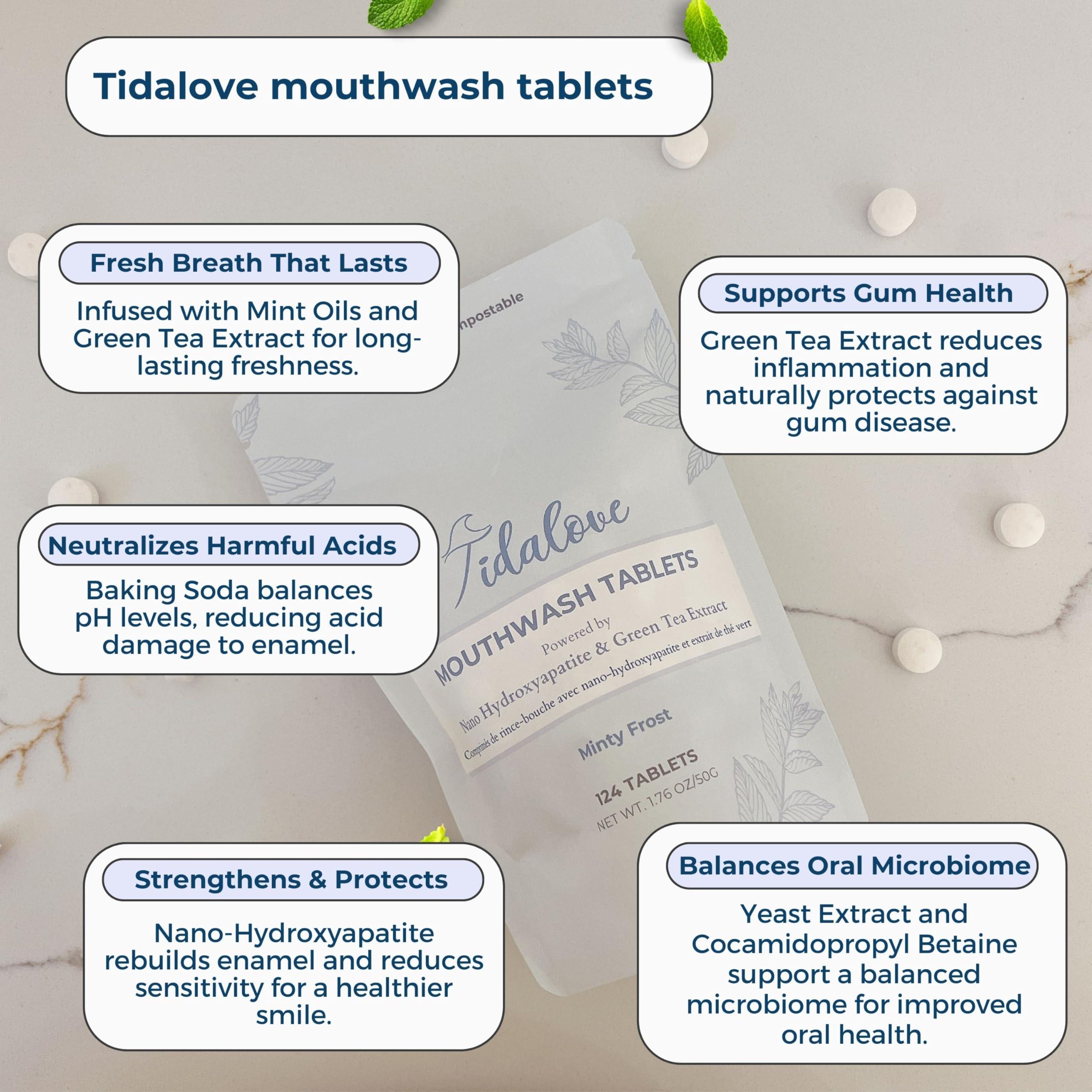 Tidalove Mouthwash Tablets - Alcohol-Free, Eco-Friendly, Travel-Friendly, with Nano-HA & Green Tea for Fresh Breath and Enamel Protection - 124 Tablets (Tin) - Image 6