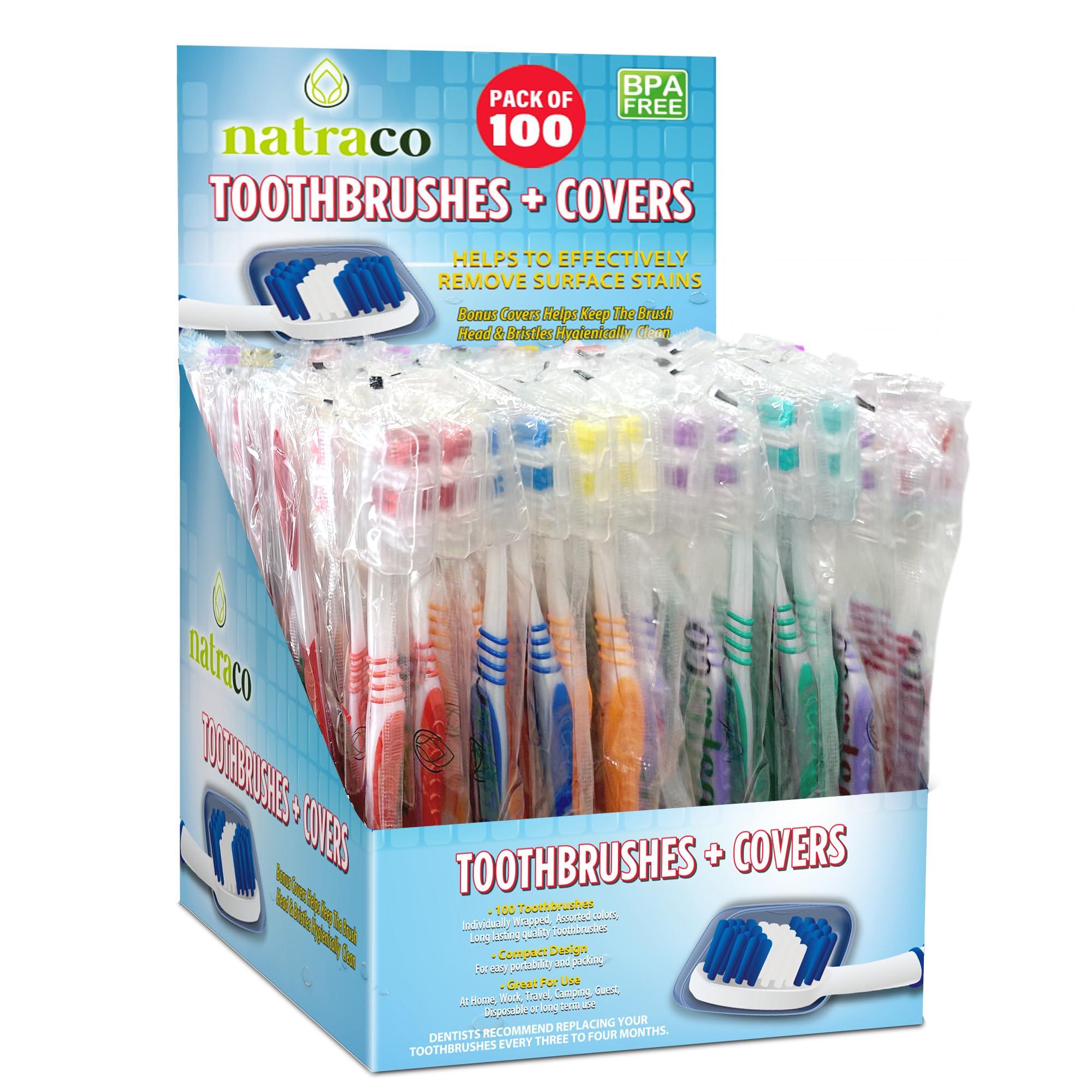 natraco Bulk Toothbrush Pack with Covers | Premium Quality Individually Wrapped Colorful Tooth Brushes | Medium Soft Bristles for Travel, Donations, Hotels (100)