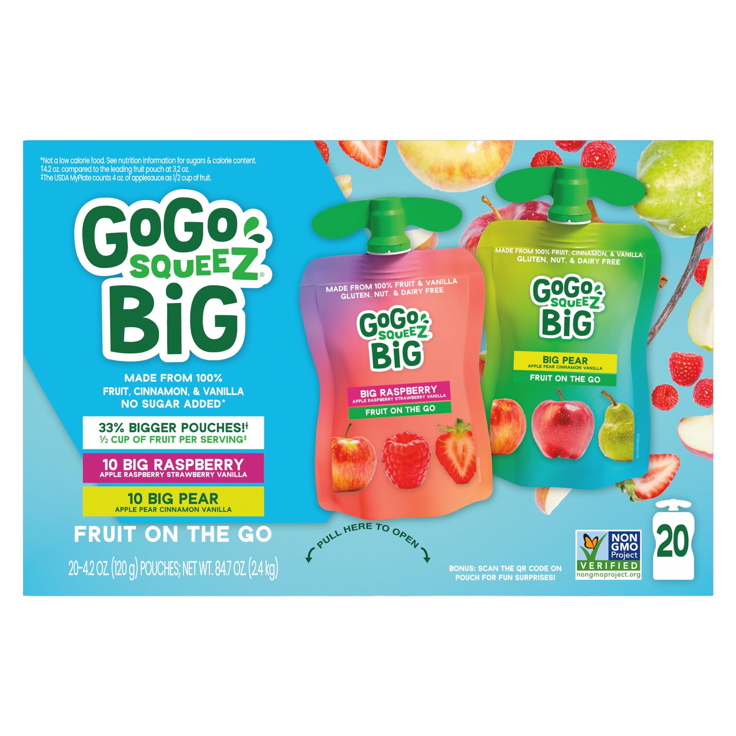 GoGo squeeZ BIG Applesauce & Fruit Puree with Vanilla and Cinnamon Variety Pack, Pear & Raspberry, 4.2 oz. (Pack of 20), Unsweetened Fruit Snacks for Kids, Gluten Free, Nut Free, Dairy Free Pouches - Image 3