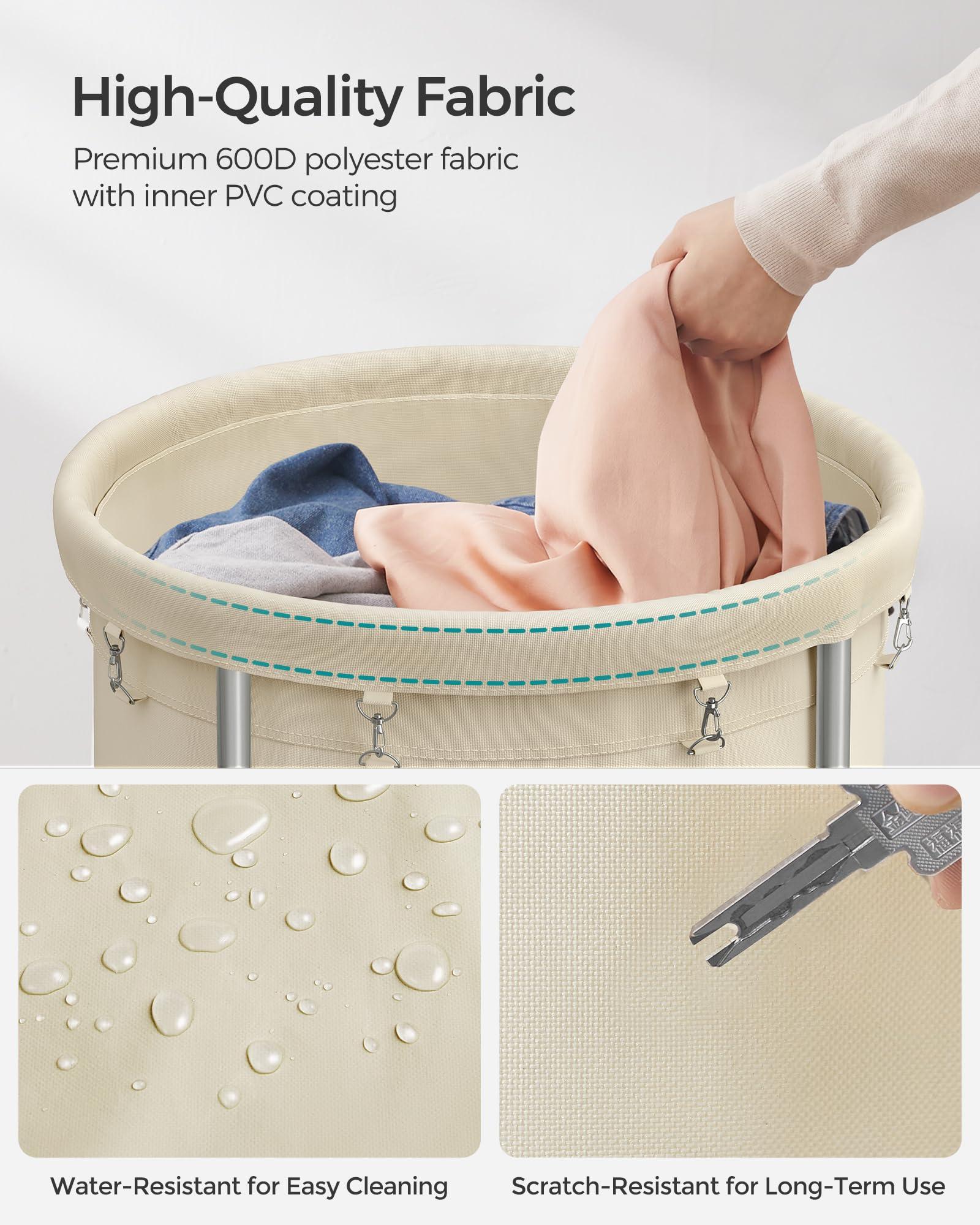 SONGMICS Laundry Basket with Wheels, Rolling Laundry Hamper, 45 Gal., Round Laundry Cart with Steel Frame and Removable Bag, 4 Casters and 2 Brakes, Cream and Silver URLS01MZ - Image 8