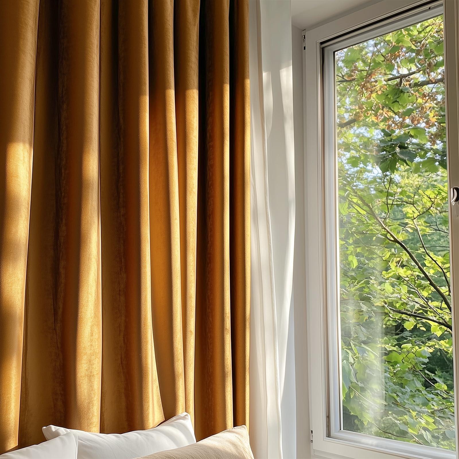 Lazzzy Velvet Blackout Curtains Brown Thermal Insulated Drapes for Bedroom Living Room 108 Inches Extra Long Window Treatments Super Soft Luxury Rod Pocket 2 Panels Gold Brown - Image 2