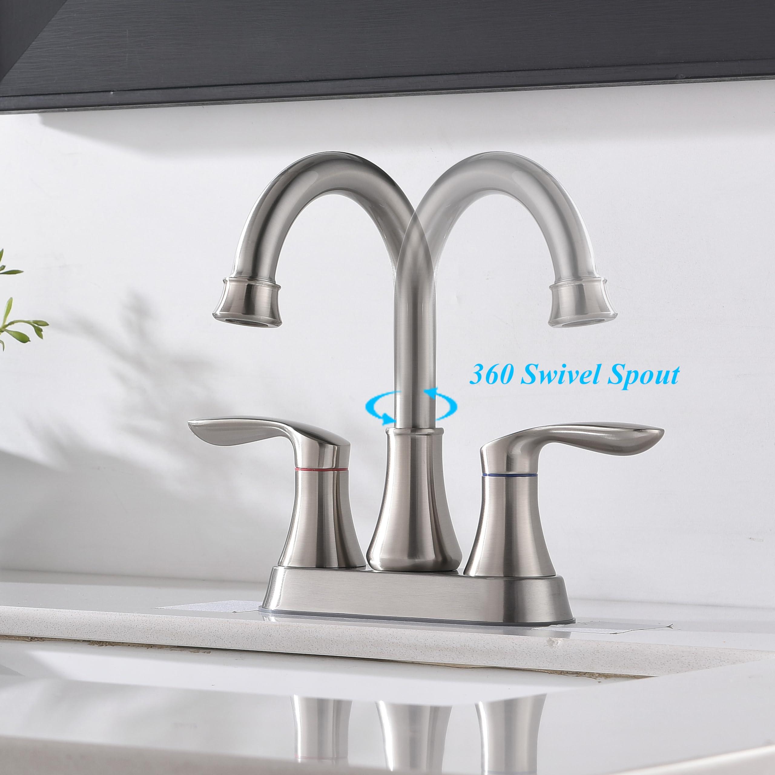 Friho Brushed Nickel Bathroom Faucet, Centerset Lead-Free Modern Commercial 2-Handle RV Bathroom Sink Faucet, 3 Hole 4 inch Bath Faucet with Drain Stopper and Water Hosess - Image 6