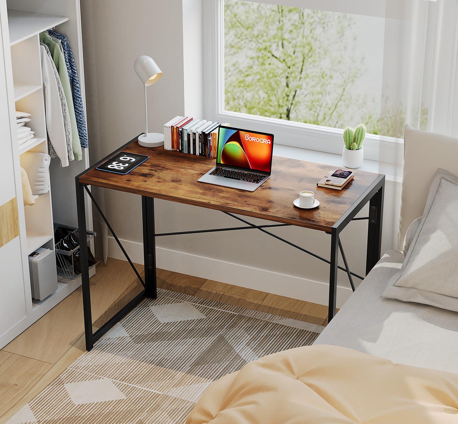 Coavas Small Folding Desk, No Assembly Required Computer Desks, 39.4 inch Spaces Saving Foldable Table for Bedroom, Home Office, Dorm, Apartment, Slippy Vintage Brown - Image 7