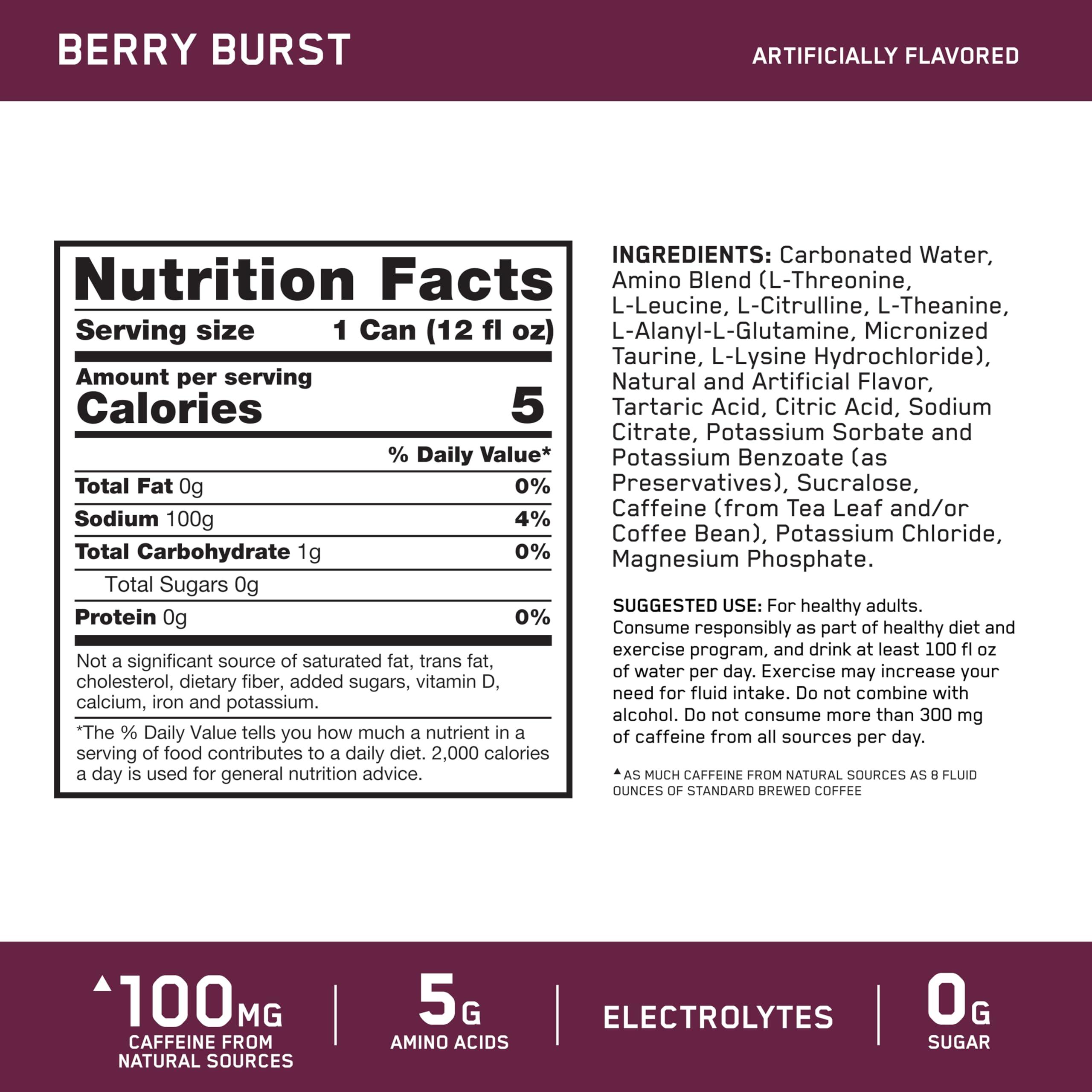 Optimum Nutrition Amino Energy Sparkling Hydration Drink, Electrolytes, Caffeine, Amino Acids, BCAAs, Sugar Free, Berry Burst, 12 Fl Oz, 12 Pack - Image 2