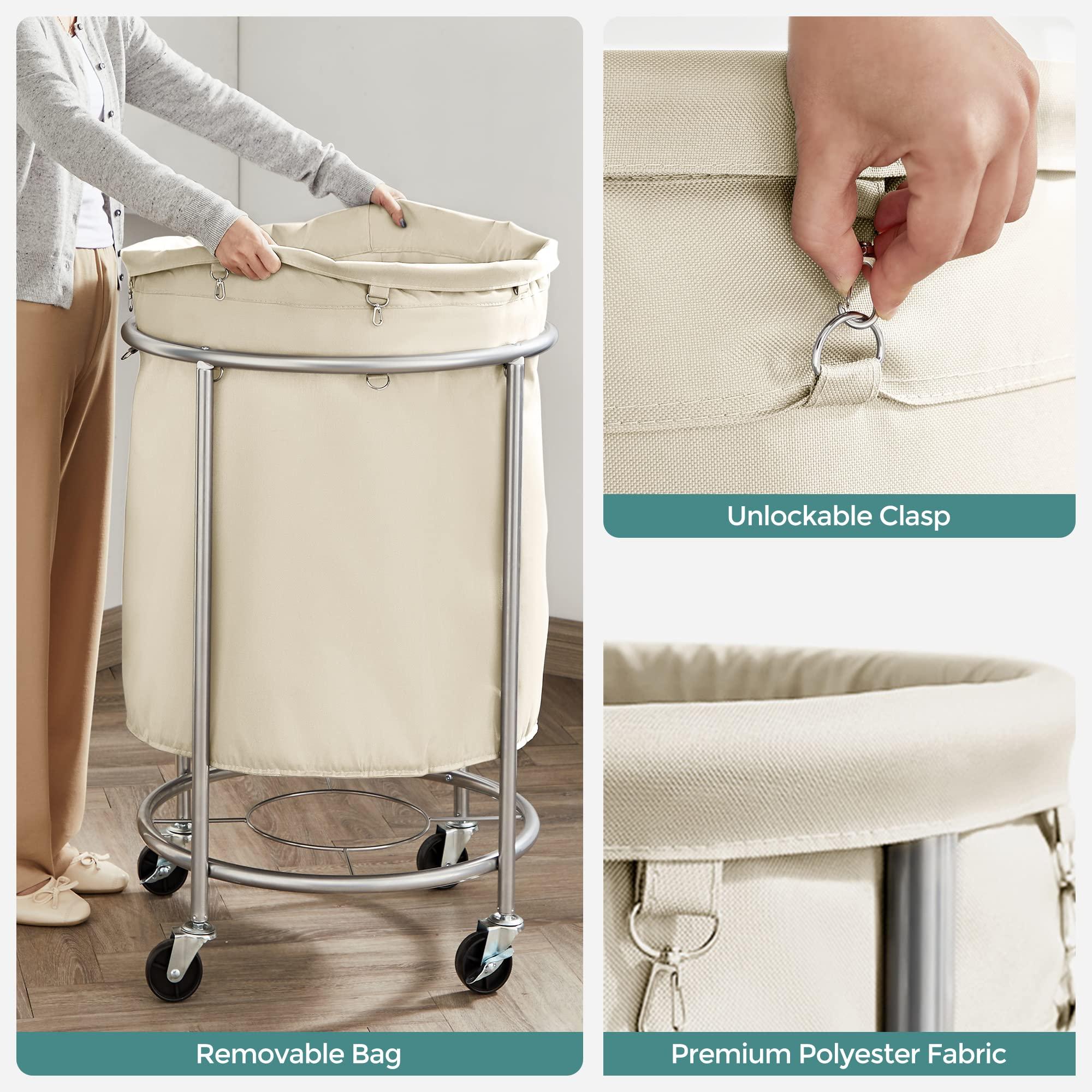 SONGMICS Laundry Basket with Wheels, Rolling Laundry Hamper, 45 Gal., Round Laundry Cart with Steel Frame and Removable Bag, 4 Casters and 2 Brakes, Cream and Silver URLS01MZ - Image 7