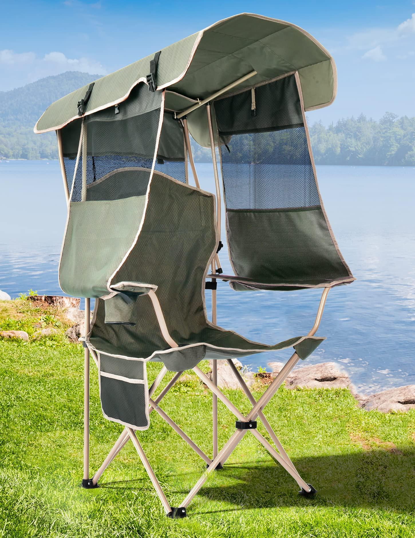 Docusvect Beach Chair with Canopy Shade, Folding Camping Chair with Canopy with Cup Holder, Side Pocket for Camp, Beach, Tailgates, Fishing - Support 330 LBS