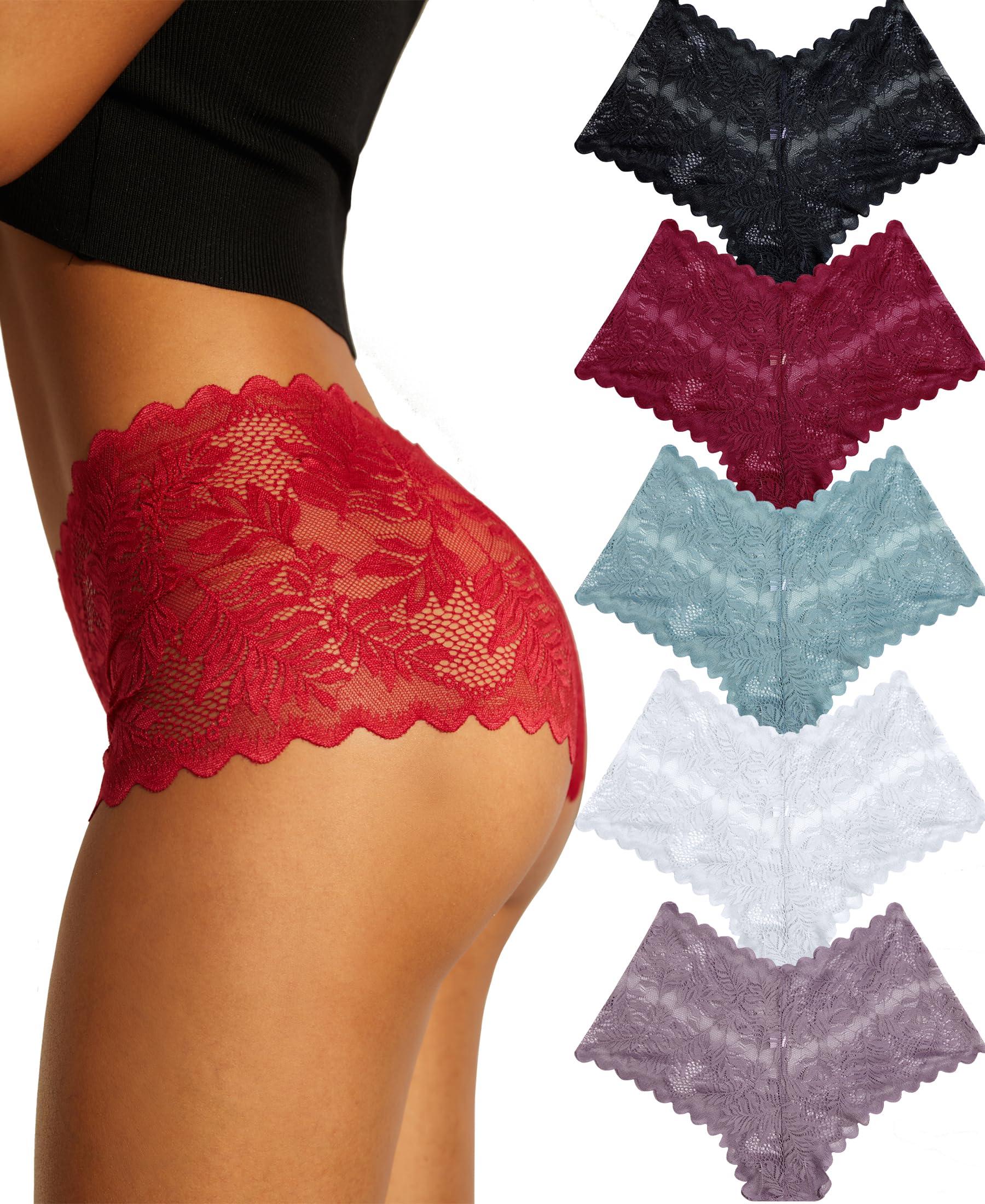 FINETOO Sexy Underwear for Women V-Waist Shorts Women' s Underwear Lightweight Soft Lace High Waist Panties 5 Pack