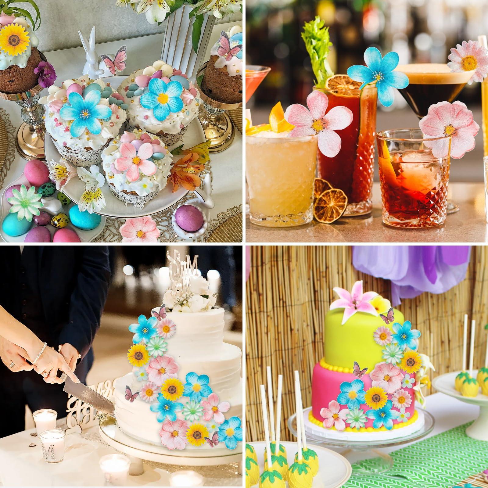 Morofme 55pcs Edible Flower Butterflies Cake Topper Wafer Paper Flower Cupcake Toppers Hawaiian Flower Cake Decorations Mixed Size for Tropical Luau Themed Birthday Baby Shower Party Supplies - Image 4